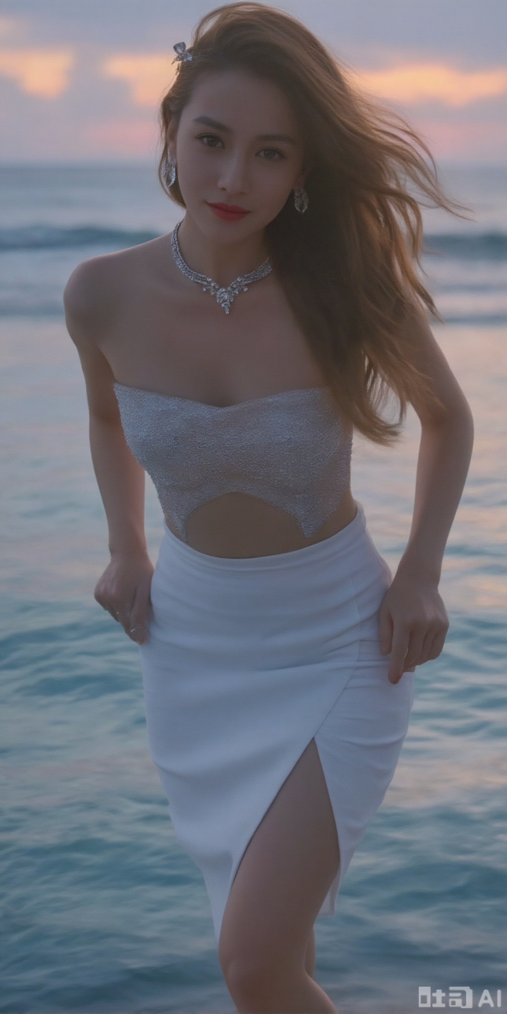 best quality, masterpiece, realistic,cowboy_shot,(Good structure), DSLR Quality,Depth of field,kind smile,looking_at_viewer,Dynamic pose, 1girl, solo, long hair, , looking at viewer, skirt, hair ornament, bare shoulders, jewelry, , earrings, outdoors, midriff, water, necklace, lips, crop top, leaning forward, ocean, white skirt, strapless vest, sunset, sun,meinvzi