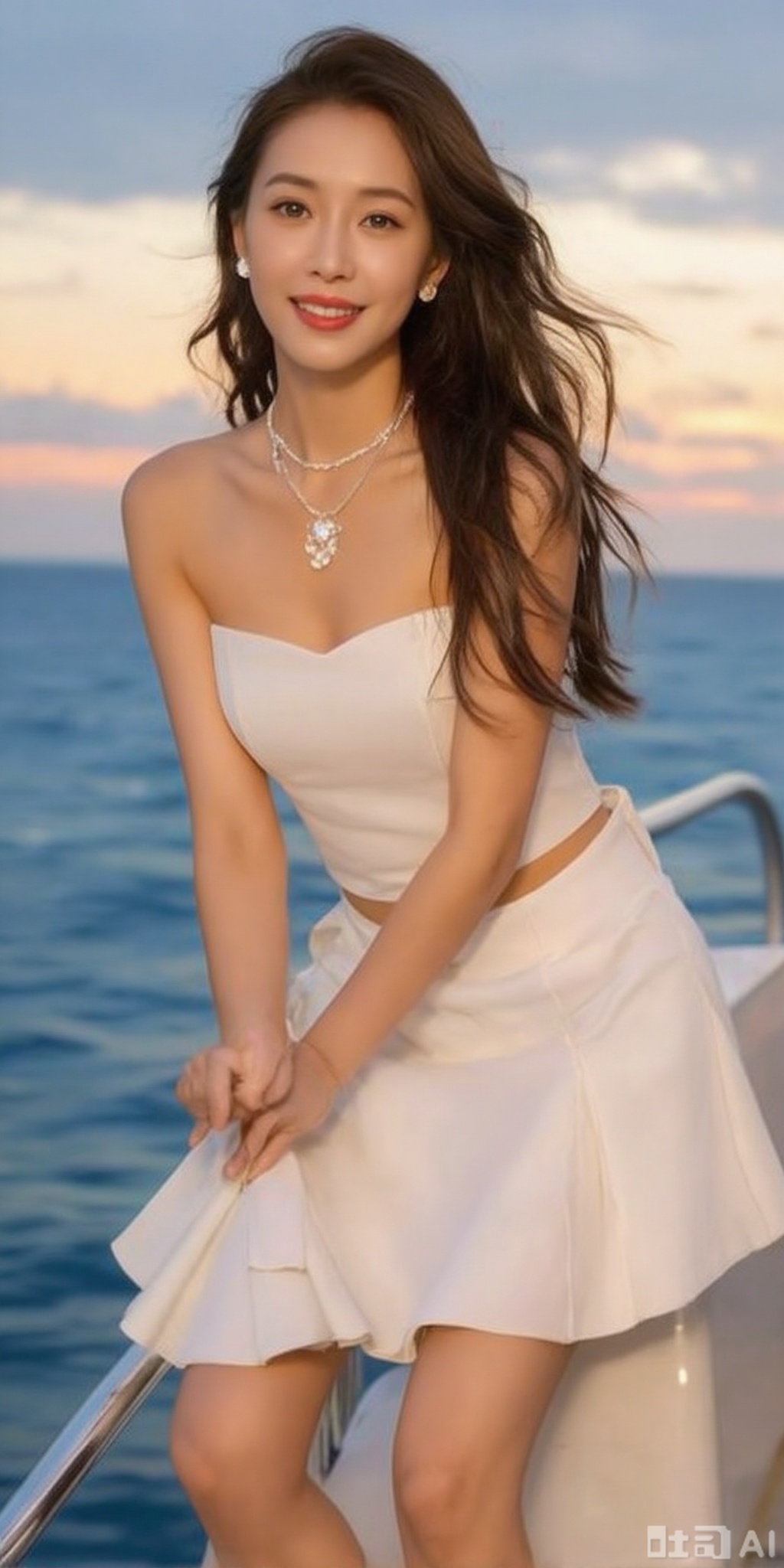 best quality, masterpiece, realistic,cowboy_shot,(Good structure), DSLR Quality,Depth of field,kind smile,looking_at_viewer,Dynamic pose, 1girl, solo, long hair, , looking at viewer, skirt, hair ornament, bare shoulders, jewelry, , earrings, outdoors, midriff, water, necklace, lips, crop top, leaning forward, ocean, white skirt, strapless vest, sunset, sun,meinvzi