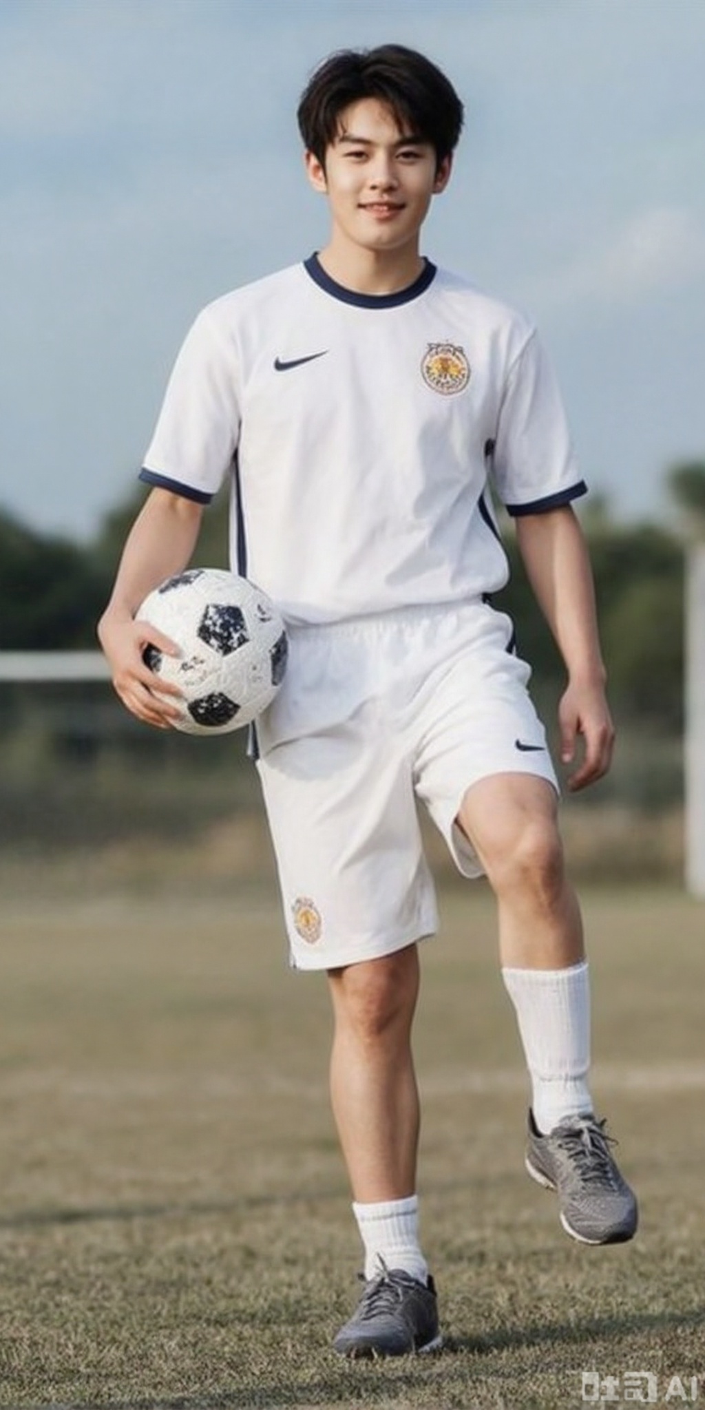 best quality, masterpiece, realistic,,(Good structure), DSLR Quality,Depth of field,kind smile,looking_at_viewer,Dynamic pose, , (1boy),, asuo, solo, looking at viewer, short hair, shirt, black hair,  ,cowboy_shot, male focus, outdoors, shoes, shorts, day, socks,, , blurry background, ball, white shorts, sportswear, realistic, soccer uniform, soccer ball, soccer
,meinanzi