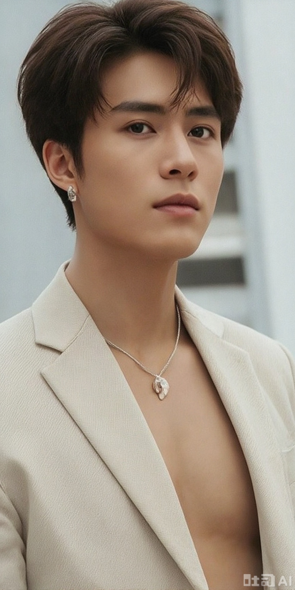 solo
looking at viewer
short hair
brown hair
black hair
1boy
jewelry
jacket
upper body
male focus
earrings
black eyes
lips
shadow
realistic,meinanzi