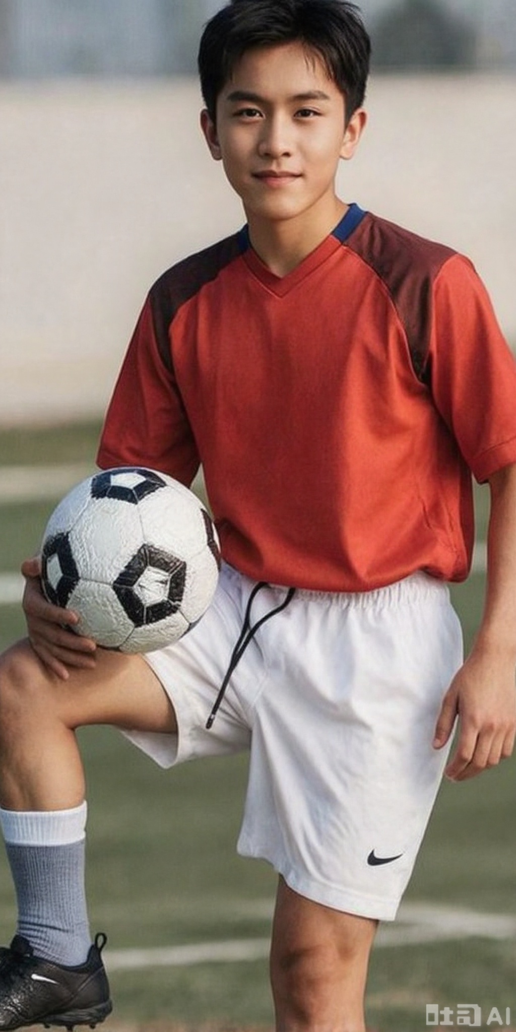 best quality, masterpiece, realistic,,(Good structure), DSLR Quality,Depth of field,kind smile,looking_at_viewer,Dynamic pose, , (1boy),, asuo, solo, looking at viewer, short hair, shirt, black hair, 1boy,cowboy_shot, male focus, outdoors, shoes, shorts, day, socks,, , blurry background, ball, white shorts, sportswear, realistic, soccer uniform, soccer ball, soccer
,meinanzi