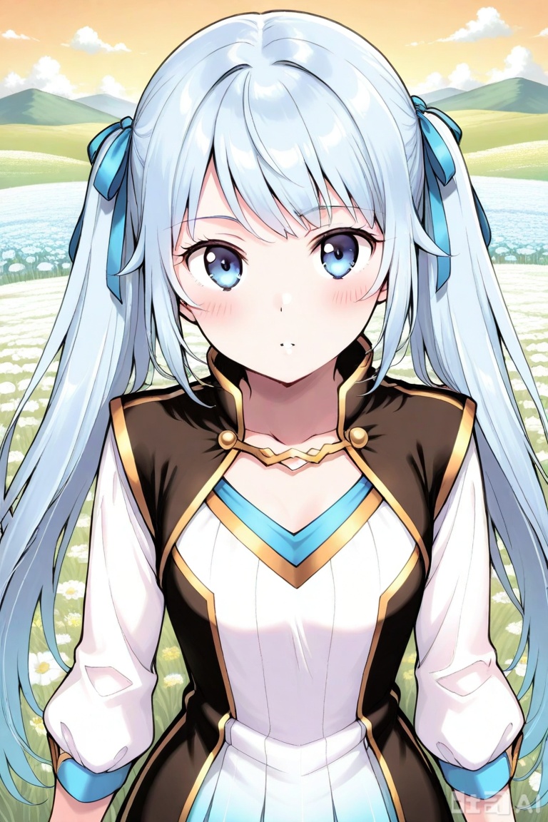 1girl, solo, greyish blue eyes, light blue hair, long hair, straight fringe, twin tails,,white and blue gradient dress, vertical stripe pattern, long sleeve dress, golden trim, short skirt, V-neckline, hair ribbon, short fantasy dress, white and blue outfit, sleeveless gold-trimmed vest, sleeveless waistcoat, waistcoat with gold lining, 雪魅,upper body,looking at viewer,in a meadow,in a meadow,