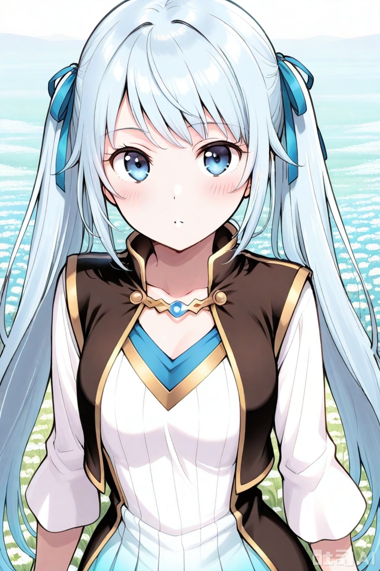 1girl, solo, greyish blue eyes, light blue hair, long hair, straight fringe, twin tails,,white and blue gradient dress, vertical stripe pattern, long sleeve dress, golden trim, short skirt, V-neckline, hair ribbon, short fantasy dress, white and blue outfit, sleeveless gold-trimmed vest, sleeveless waistcoat, waistcoat with gold lining, 雪魅,upper body,looking at viewer,in a meadow,in a meadow,