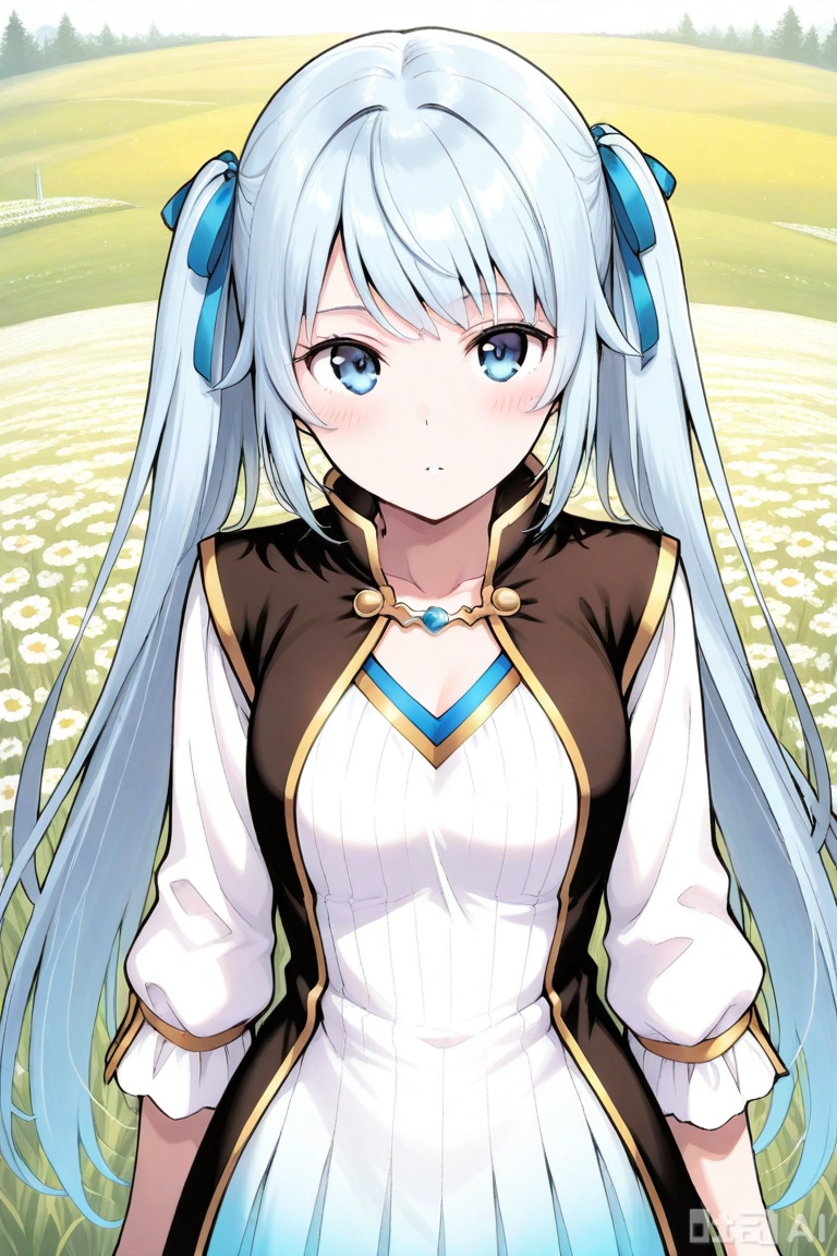 1girl, solo, greyish blue eyes, light blue hair, long hair, straight fringe, twin tails,,white and blue gradient dress, vertical stripe pattern, long sleeve dress, golden trim, short skirt, V-neckline, hair ribbon, short fantasy dress, white and blue outfit, sleeveless gold-trimmed vest, sleeveless waistcoat, waistcoat with gold lining, 雪魅,upper body,looking at viewer,in a meadow,in a meadow,