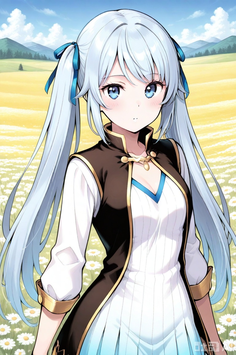 1girl, solo, greyish blue eyes, light blue hair, long hair, straight fringe, twin tails,,white and blue gradient dress, vertical stripe pattern, long sleeve dress, golden trim, short skirt, V-neckline, hair ribbon, short fantasy dress, white and blue outfit, sleeveless gold-trimmed vest, sleeveless waistcoat, waistcoat with gold lining, 雪魅,upper body,looking at viewer,in a meadow,in a meadow,