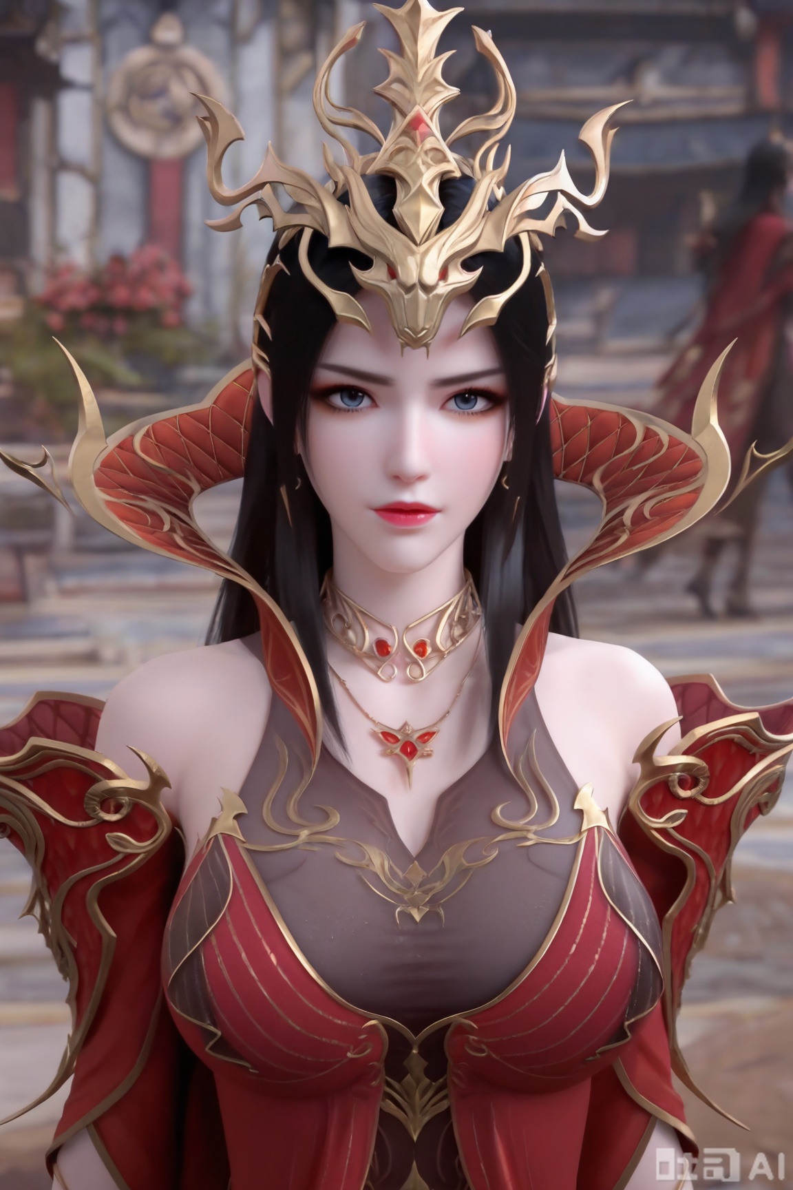 (Masterpiece, Best Quality, High Resolution, 8K Raw),absurdres,highres,Expressiveh,
1girl,jewelry,dress,solo,red dress,breasts,hair ornament,black hair,long hair,necklace,large breasts,bare shoulders,upper body,blue eyes,bracelet,blurry background,ring,looking at viewer,clothing cutout,
flower, blurry, blurry background, 