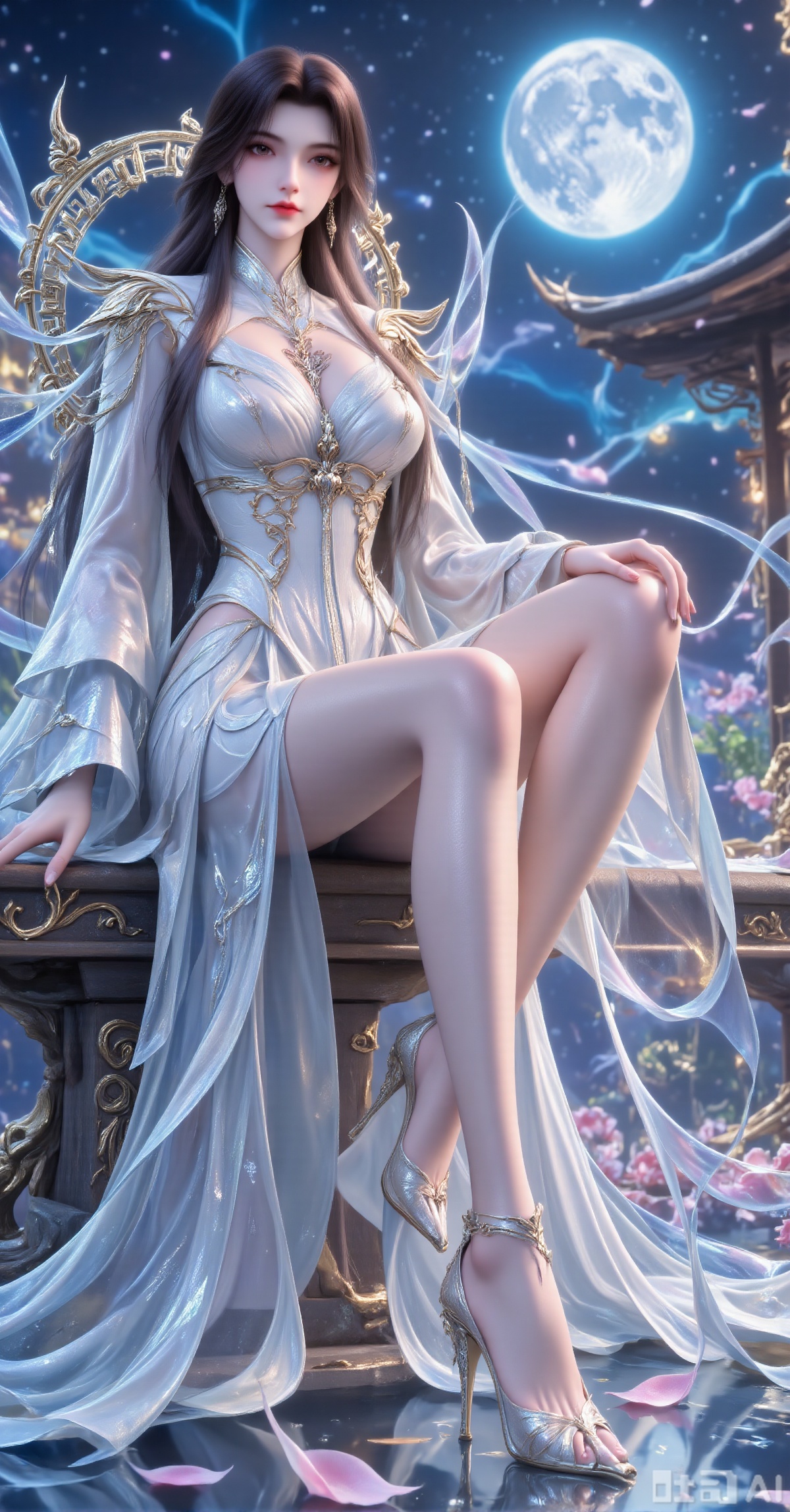A masterpiece-level, ultra-detailed work. A Chinese-style fairy with long black hair, looking at the viewer, wears a light white-blue long dress adorned with silver patterns, her hand resting on her leg. She sits elegantly by a petal-strewn lake, revealing her legs. Her legs are slender and long, clad in crystal pointed high-heels, with a tall and graceful figure. The perspective rises from below—first focusing on the legs. Under the soft glow, the background is a night scene, with a dreamy sky featuring a huge snow moon. Overall, it presents an Oriental fantasy style, with realistic rendering, rich details, 8K resolution, and cinematic lighting effects.