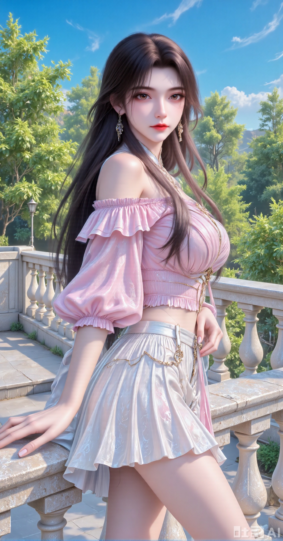A woman with long black hair, wearing a pink off-the-shoulder top and a white pleated short skirt, leans sideways against a stone railing. Her left hand gently pinches the sleeve, her posture natural and relaxed. From a side view, one hand lifts the skirt to expose her buttocks to the camera. The background features a clear blue sky and dense green trees, with stone steps and a platform below. The sunlight is bright, filling the scene with a summer vibe. The composition is centered slightly to the right, with bright and fresh colors dominated by pink, white, and green. The natural and soft light and shadow, along with 8K quality, highlight the texture of the clothing, the luster of the hair, and the layering of the environment, creating a youthful and sweet outdoor portrait atmosphere.,hr
