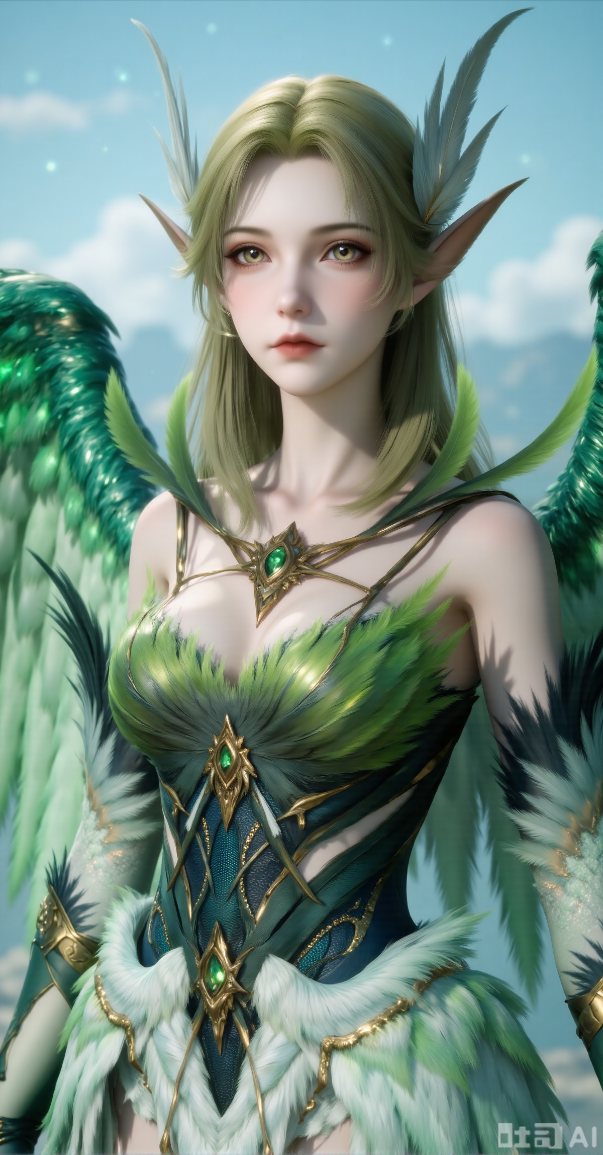 "A mystical elven woman with golden cascading hair adorned with wing-shaped silver accessories and emerald gems. Her delicate feathered crown complements luminous green eyes. She wears a flowing off-shoulder gown with feather-patterned fabric, accentuated by an ornate golden vine chestpiece. Majestic emerald-green wings unfold behind her, each feather meticulously detailed with golden edges. The soft blue sky and hazy clouds create an ethereal backdrop. Dominant green, gold, and pastel blue palette under dreamy lighting. 8K resolution highlights feather layering, metal reflections, and atmospheric depth for a 'Guardian of the Forest' fantasy aesthetic."
