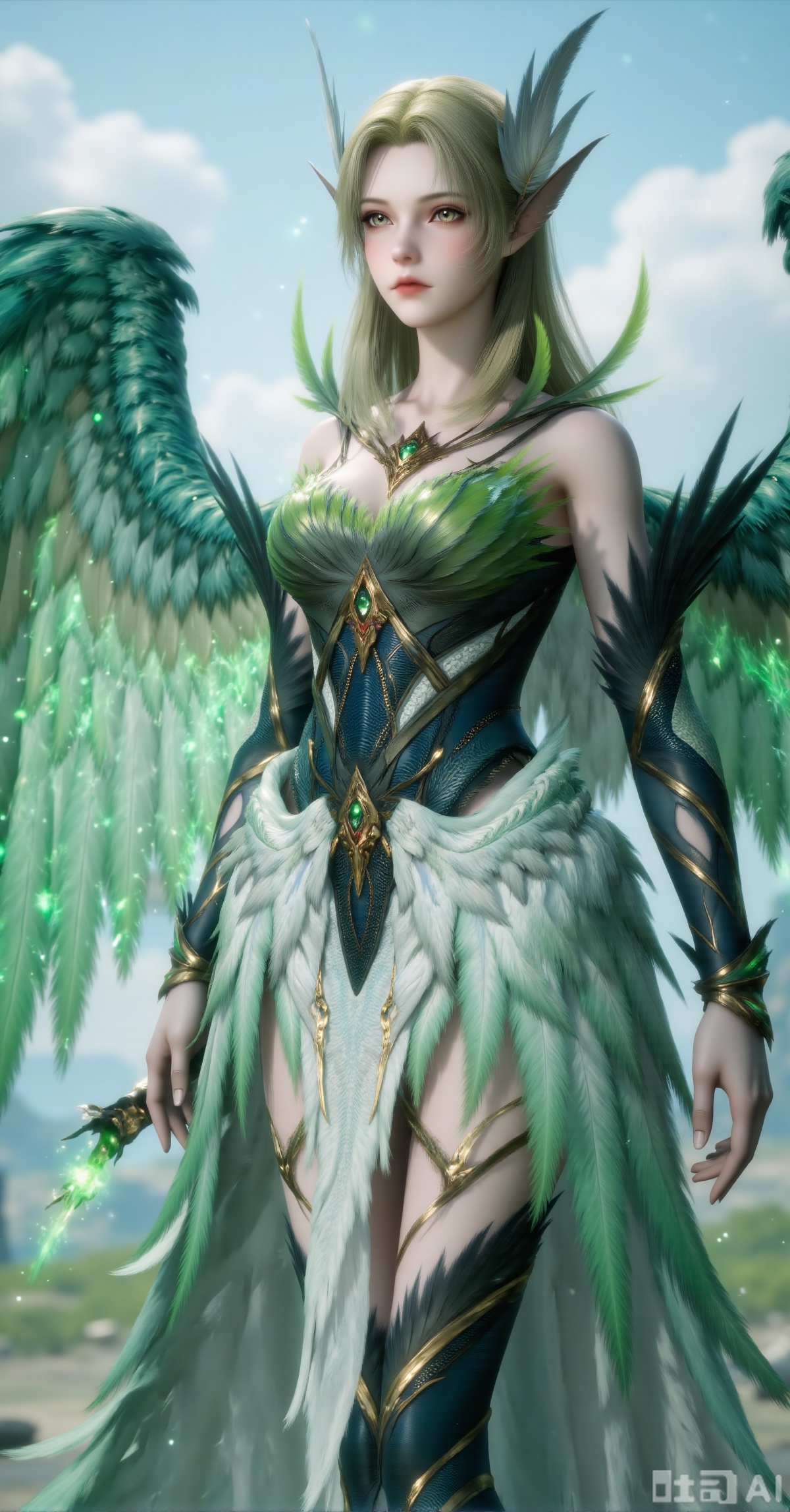 "A mystical elven woman with golden cascading hair adorned with wing-shaped silver accessories and emerald gems. Her delicate feathered crown complements luminous green eyes. She wears a flowing off-shoulder gown with feather-patterned fabric, accentuated by an ornate golden vine chestpiece. Majestic emerald-green wings unfold behind her, each feather meticulously detailed with golden edges. The soft blue sky and hazy clouds create an ethereal backdrop. Dominant green, gold, and pastel blue palette under dreamy lighting. 8K resolution highlights feather layering, metal reflections, and atmospheric depth for a 'Guardian of the Forest' fantasy aesthetic."