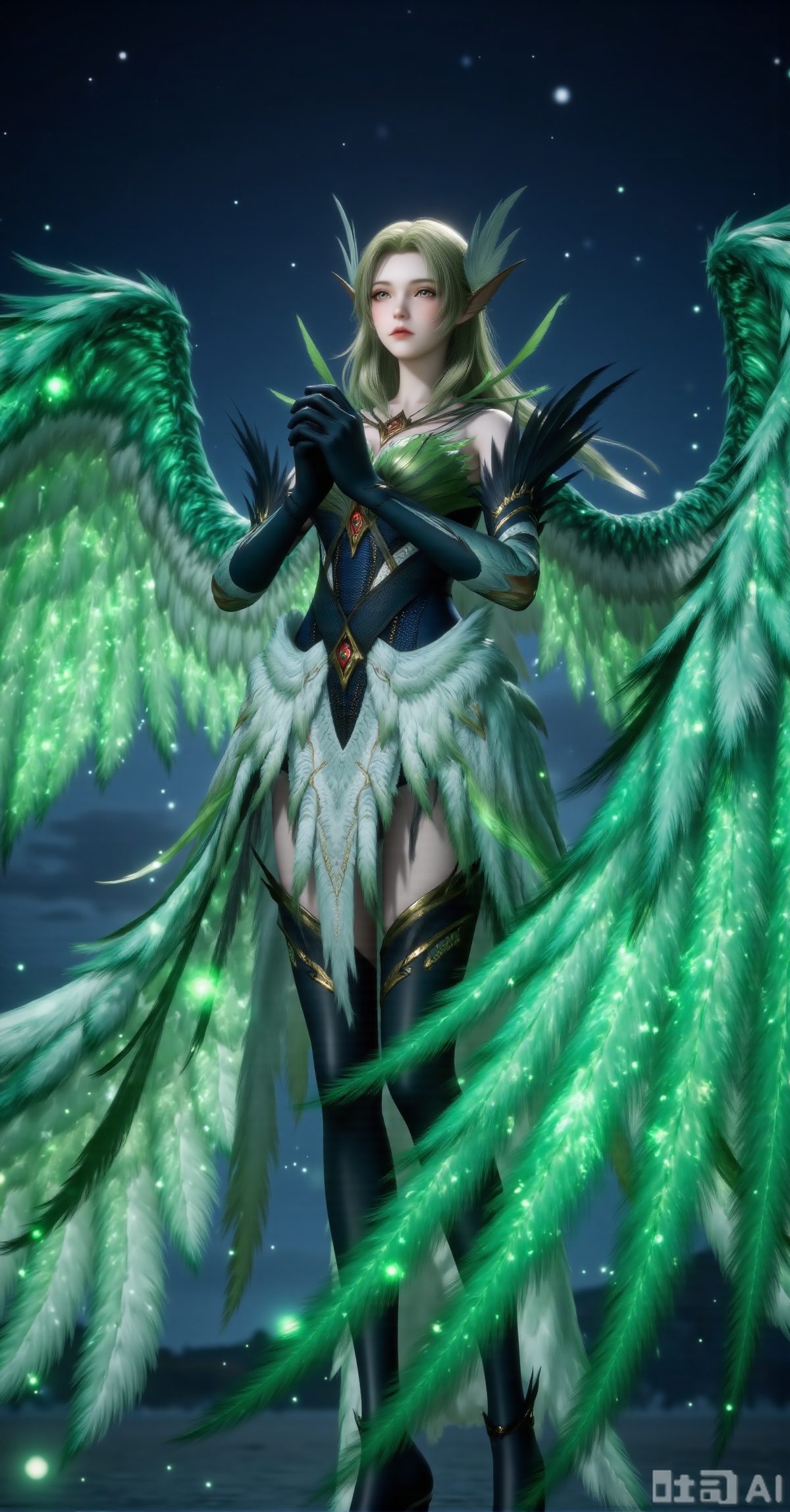 prompt: 1girl, elven, glowing green huge wings, feather armor, night sky background, sparkling particles, gradient wing light (green to blue), praying gesture, closed eyes, high detail, realistic lighting, fantasy theme
negative prompt: lowres, blurry, watermark, text