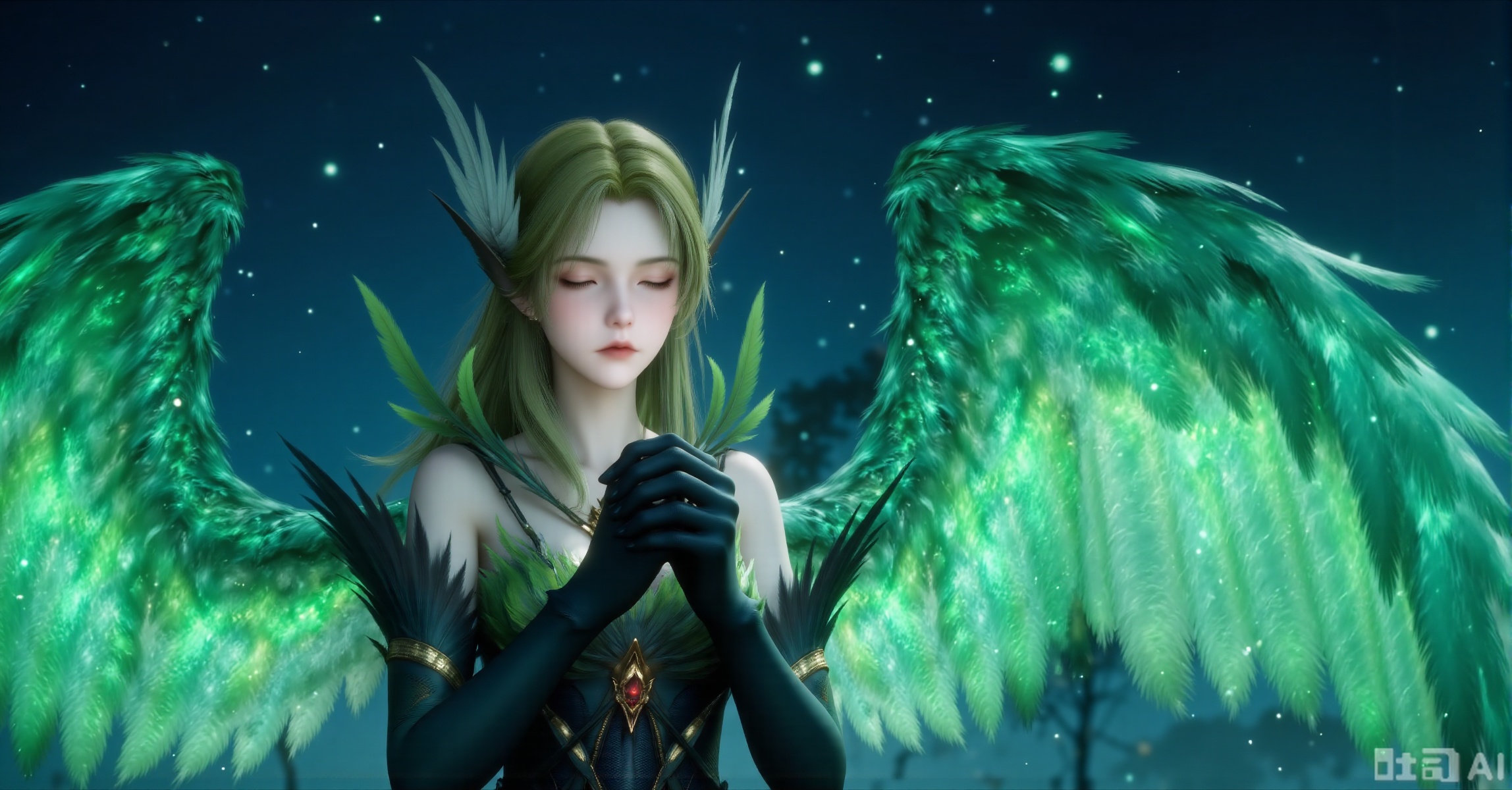 prompt: 1girl, elven, glowing green huge wings, feather armor, night sky background, sparkling particles, gradient wing light (green to blue), praying gesture, closed eyes, high detail, realistic lighting, fantasy theme
negative prompt: lowres, blurry, watermark, text