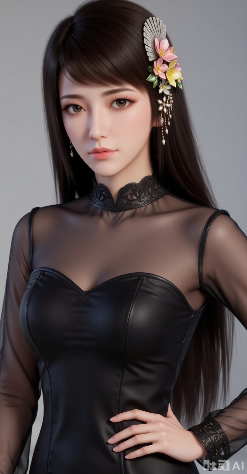 1girl,solo,long hair,brown hair,black hair,hair ornament,brown eyes,flower,hair flower,lips,realistic,
1girl,solo,jewelry,earrings,see-through,dress,upper body,black dress,hand on own hip,breasts,see-through sleeves,
mocaihuan,lvjing,lvjing,pifu