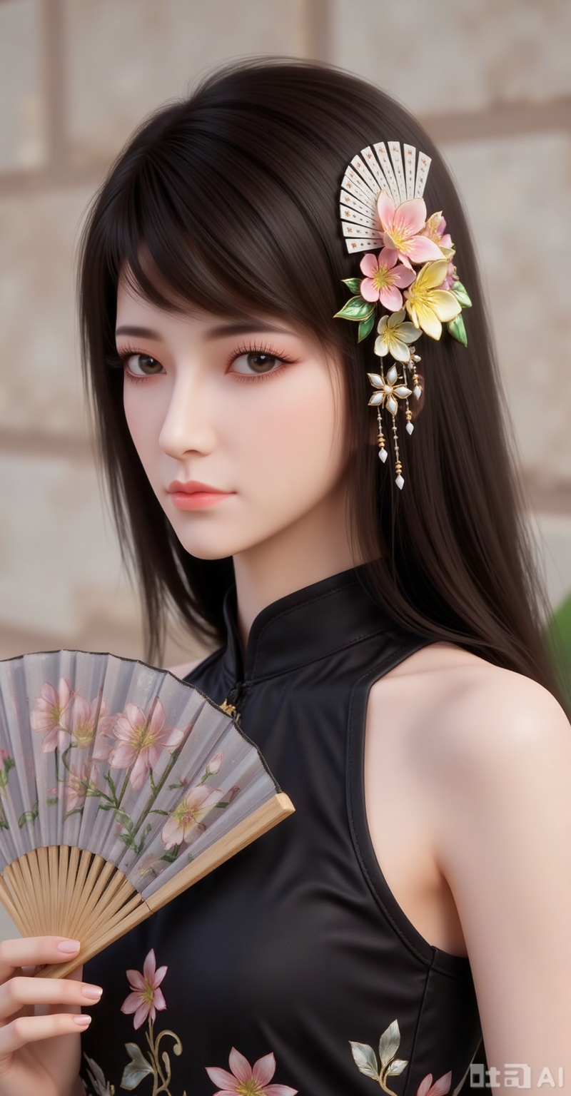1girl,solo,long hair,brown hair,black hair,hair ornament,brown eyes,flower,hair flower,lips,realistic,
1girl,dress,hand fan,holding,solo,earrings,jewelry,chinese clothes,china dress,black dress,holding fan,floral print,blurry,sleeveless,looking at viewer,sleeveless dress,folding fan,standing,head tilt,
(stylish_pose:1.1),
mocaihuan,lvjing,lvjing,pifu