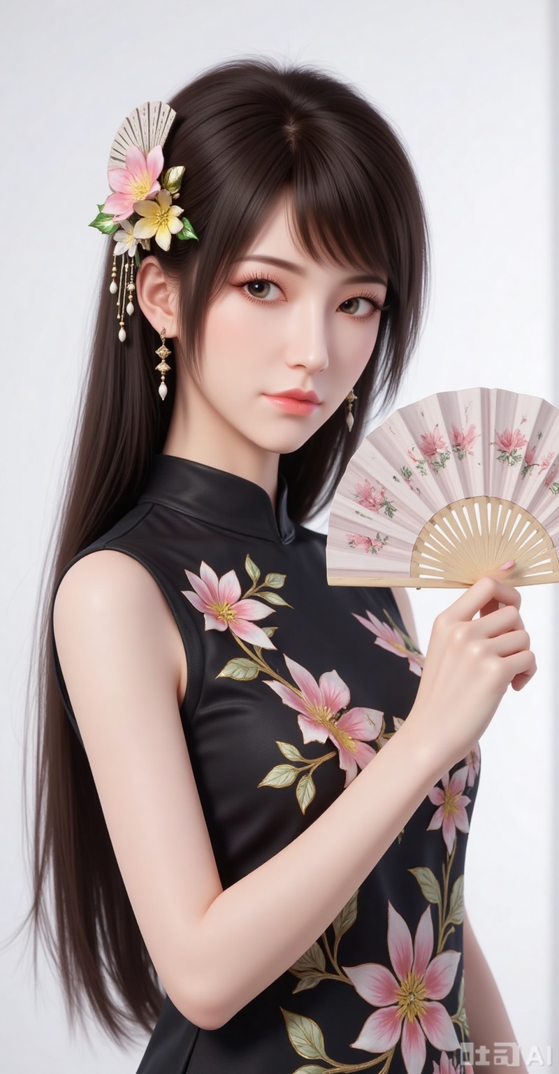1girl,solo,long hair,brown hair,black hair,hair ornament,brown eyes,flower,hair flower,lips,realistic,white background,simple background,
1girl,dress,hand fan,holding,solo,earrings,jewelry,chinese clothes,china dress,black dress,holding fan,floral print,blurry,sleeveless,looking at viewer,sleeveless dress,folding fan,standing,head tilt,
mocaihuan,lvjing,lvjing,pifu