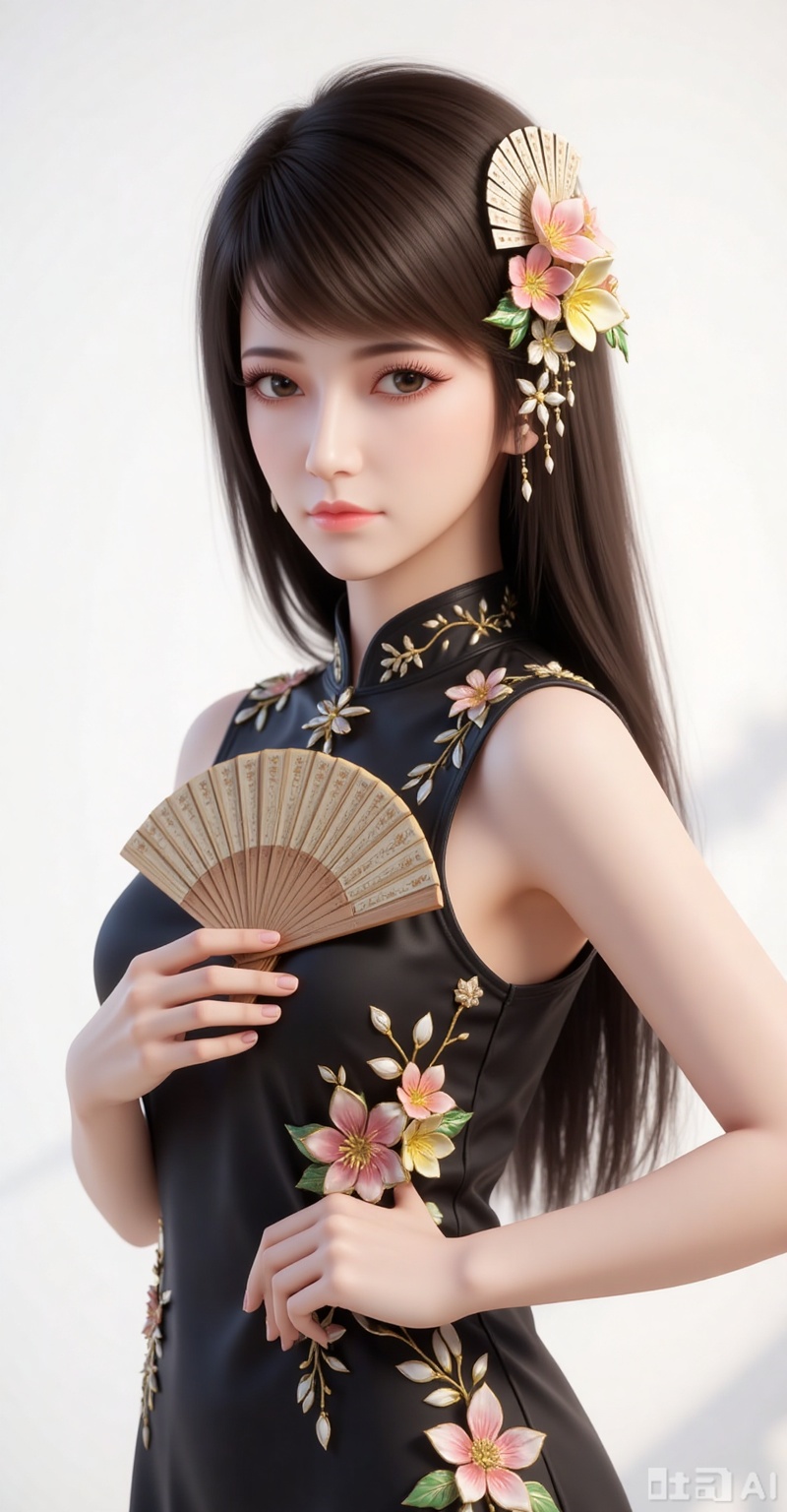 1girl,solo,long hair,brown hair,black hair,hair ornament,brown eyes,flower,hair flower,lips,realistic,white background,simple background,
1girl,dress,hand fan,holding,solo,earrings,jewelry,chinese clothes,china dress,black dress,holding fan,floral print,blurry,sleeveless,looking at viewer,sleeveless dress,folding fan,standing,head tilt,
mocaihuan,lvjing,lvjing,pifu