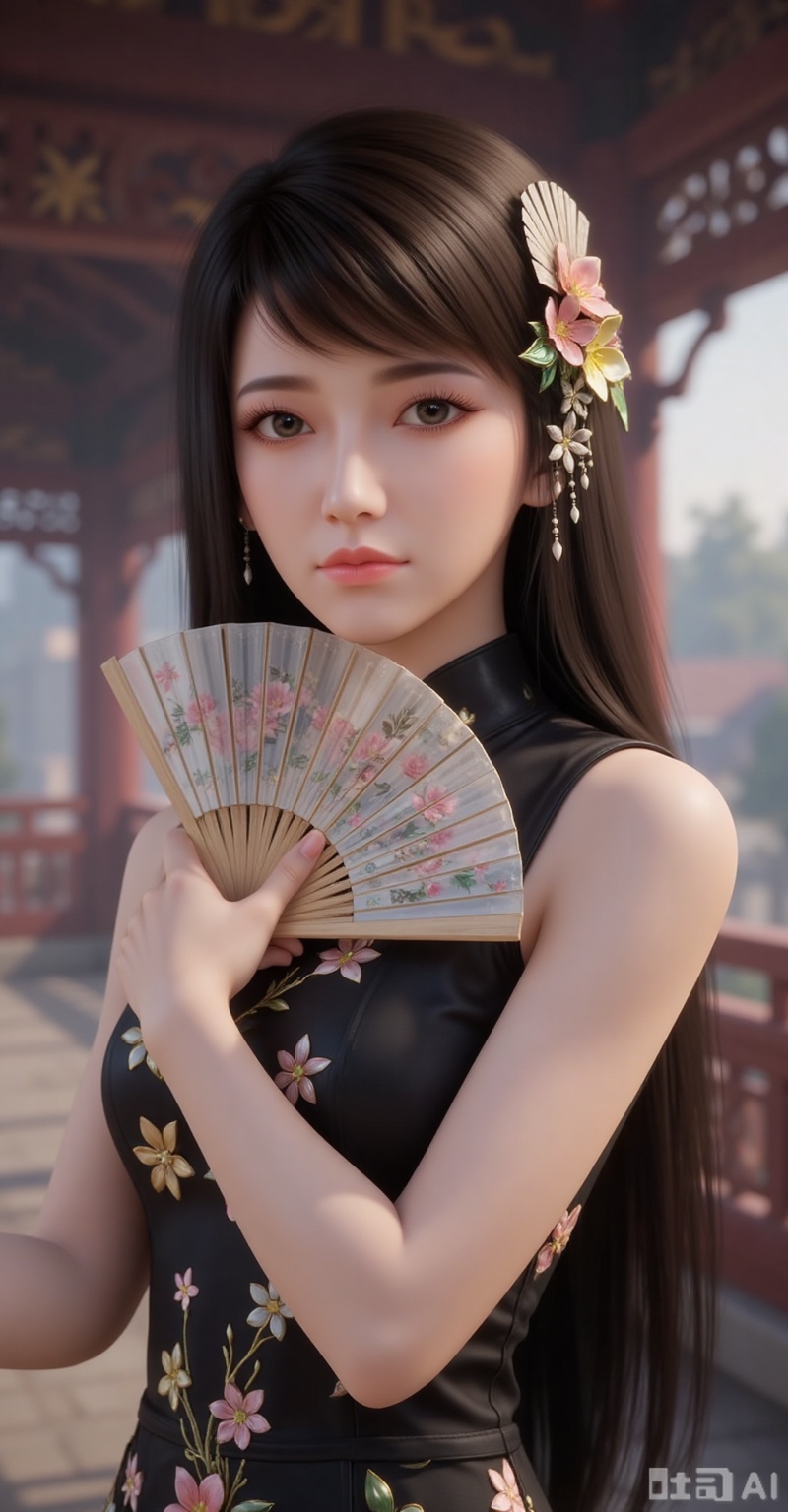 1girl,solo,long hair,brown hair,black hair,hair ornament,brown eyes,flower,hair flower,lips,realistic,
1girl,dress,hand fan,holding,solo,earrings,jewelry,chinese clothes,china dress,black dress,holding fan,floral print,blurry,sleeveless,looking at viewer,sleeveless dress,folding fan,standing,head tilt,
(stylish_pose:1.1),
mocaihuan,lvjing,lvjing,pifu