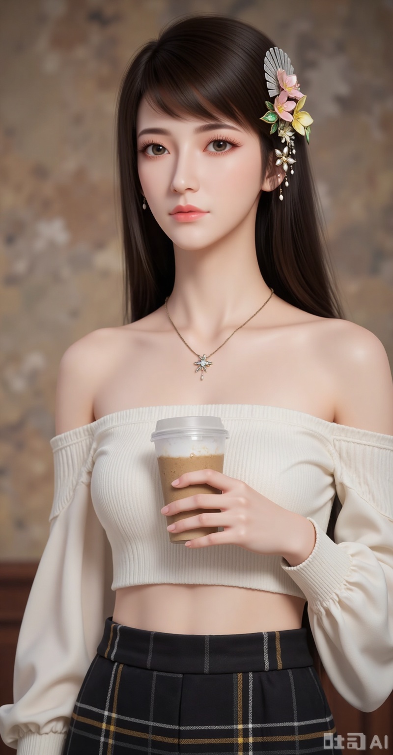 1girl,solo,long hair,brown hair,black hair,hair ornament,brown eyes,flower,hair flower,lips,realistic,
1girl,solo,skirt,off shoulder,off-shoulder sweater,jewelry,white sweater,necklace,cup,bare shoulders,holding,sweater,disposable cup,breasts,black skirt,plaid skirt,collarbone,plaid,blurry background,crop top,holding cup,blurry,midriff,long sleeves,
(stylish_pose:1.1),
mocaihuan,lvjing,lvjing,pifu