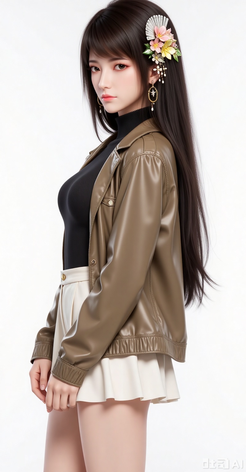 1girl,solo,long hair,brown hair,black hair,hair ornament,brown eyes,flower,hair flower,lips,realistic,
1girl,solo,skirt,earrings,jewelry,navel,(shirt:1.2),coat,turtleneck,looking at viewer,shiny clothes,long sleeves,white background,simple background,legs long legs,nail polish,white skirt,jacket,miniskirt,closed mouth,lips,hoop earrings,latex,boots,ankle boot,dynamic_angle,(dutch angle:1.1),standing,(from_side:1.1),
(stylish_pose:1.1),
mocaihuan,lvjing,lvjing,pifu