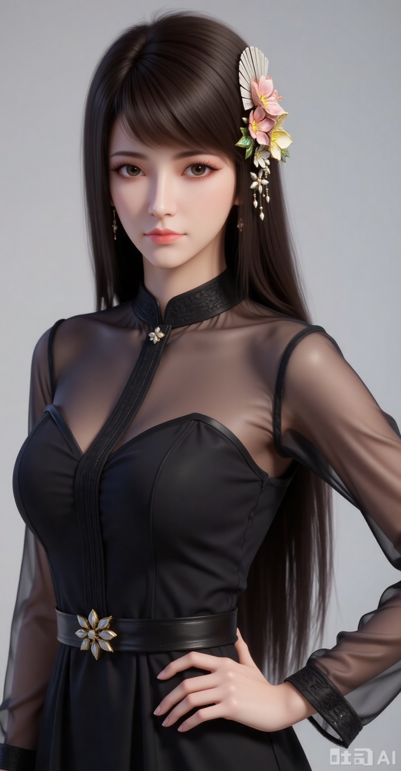 1girl,solo,long hair,brown hair,black hair,hair ornament,brown eyes,flower,hair flower,lips,realistic,
1girl,solo,jewelry,earrings,see-through,dress,upper body,black dress,hand on own hip,breasts,see-through sleeves,
mocaihuan,lvjing,lvjing,pifu