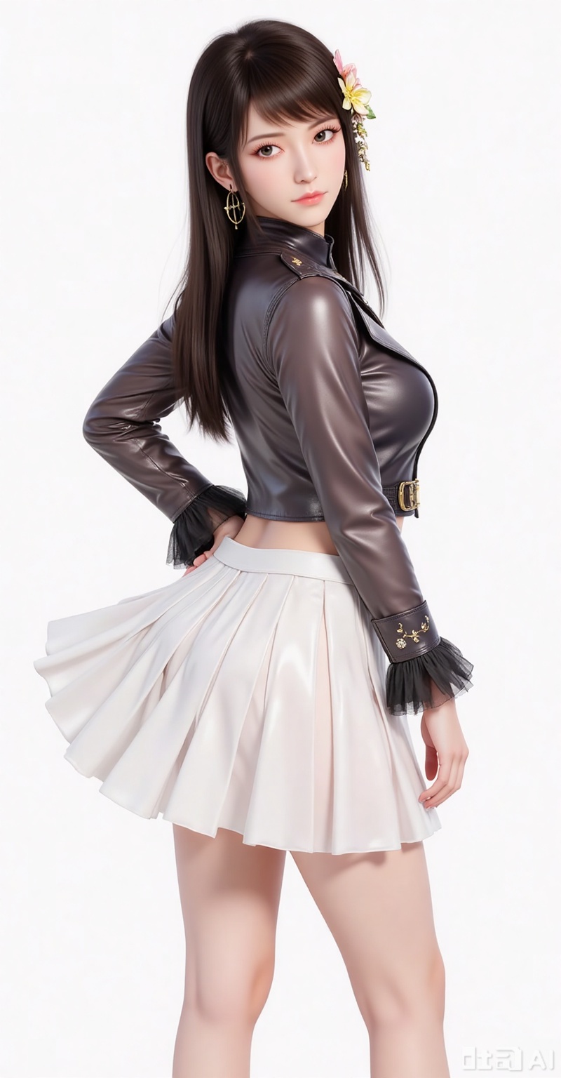 1girl,solo,long hair,brown hair,black hair,hair ornament,brown eyes,flower,hair flower,lips,realistic,
1girl,solo,skirt,earrings,jewelry,navel,(shirt:1.2),coat,turtleneck,looking at viewer,shiny clothes,long sleeves,white background,simple background,legs long legs,nail polish,white skirt,jacket,miniskirt,closed mouth,lips,hoop earrings,latex,boots,ankle boot,dynamic_angle,(dutch angle:1.1),standing,(from_side:1.1),
(stylish_pose:1.1),
mocaihuan,lvjing,lvjing,pifu