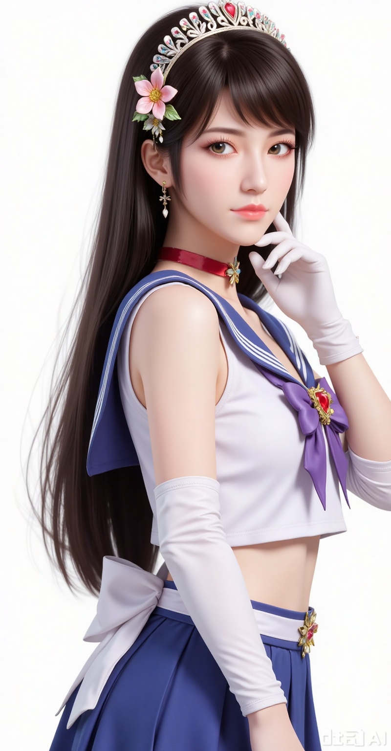 1girl,solo,long hair,brown hair,black hair,hair ornament,brown eyes,flower,hair flower,lips,realistic,white background,simple background,
1girl,sailor senshi uniform,solo,jewelry,skirt,gloves,earrings,blue skirt,white gloves,sailor collar,bow,breasts,choker,elbow gloves,magical girl,back bow,covered navel,pleated skirt,looking at viewer,brooch,purple bow,heart brooch,red choker,miniskirt,closed mouth,large breasts,collarbone,red gemstone,tiara,cowboy shot, 
mocaihuan,lvjing,lvjing,pifu
