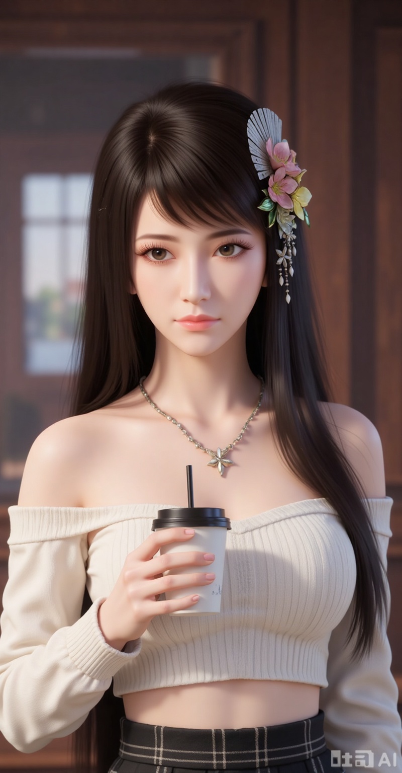1girl,solo,long hair,brown hair,black hair,hair ornament,brown eyes,flower,hair flower,lips,realistic,
1girl,solo,skirt,off shoulder,off-shoulder sweater,jewelry,white sweater,necklace,cup,bare shoulders,holding,sweater,disposable cup,breasts,black skirt,plaid skirt,collarbone,plaid,blurry background,crop top,holding cup,blurry,midriff,long sleeves,
(stylish_pose:1.1),
mocaihuan,lvjing,lvjing,pifu