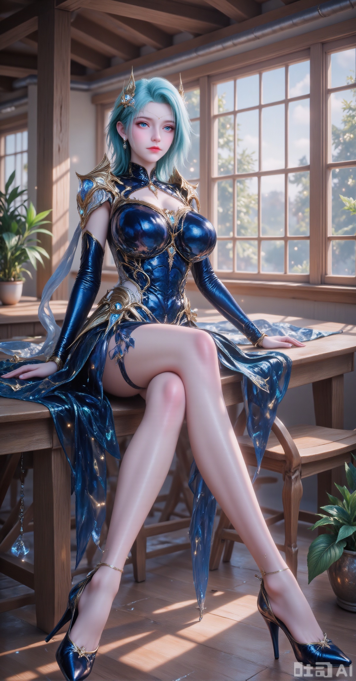 A girl with short blue hair and hair accessories, dressed in black and blue clothing, sits gracefully on a wooden platform, her bright eyes gazing directly at the viewer. Her legs are long and slender, spread apart, with the perspective extending upward from the legs. The background is a cozy indoor setting with large windows and slanted ceilings, and green trees can be seen outside the windows. Sunlight streams through the windows, casting warm golden rays and creating a soft, dreamy atmosphere. The color palette is dominated by serene blues, pure whites, and soft purples. It uses highly detailed cel-shading with subtle glow effects, and the lighting is vibrant yet gentle.