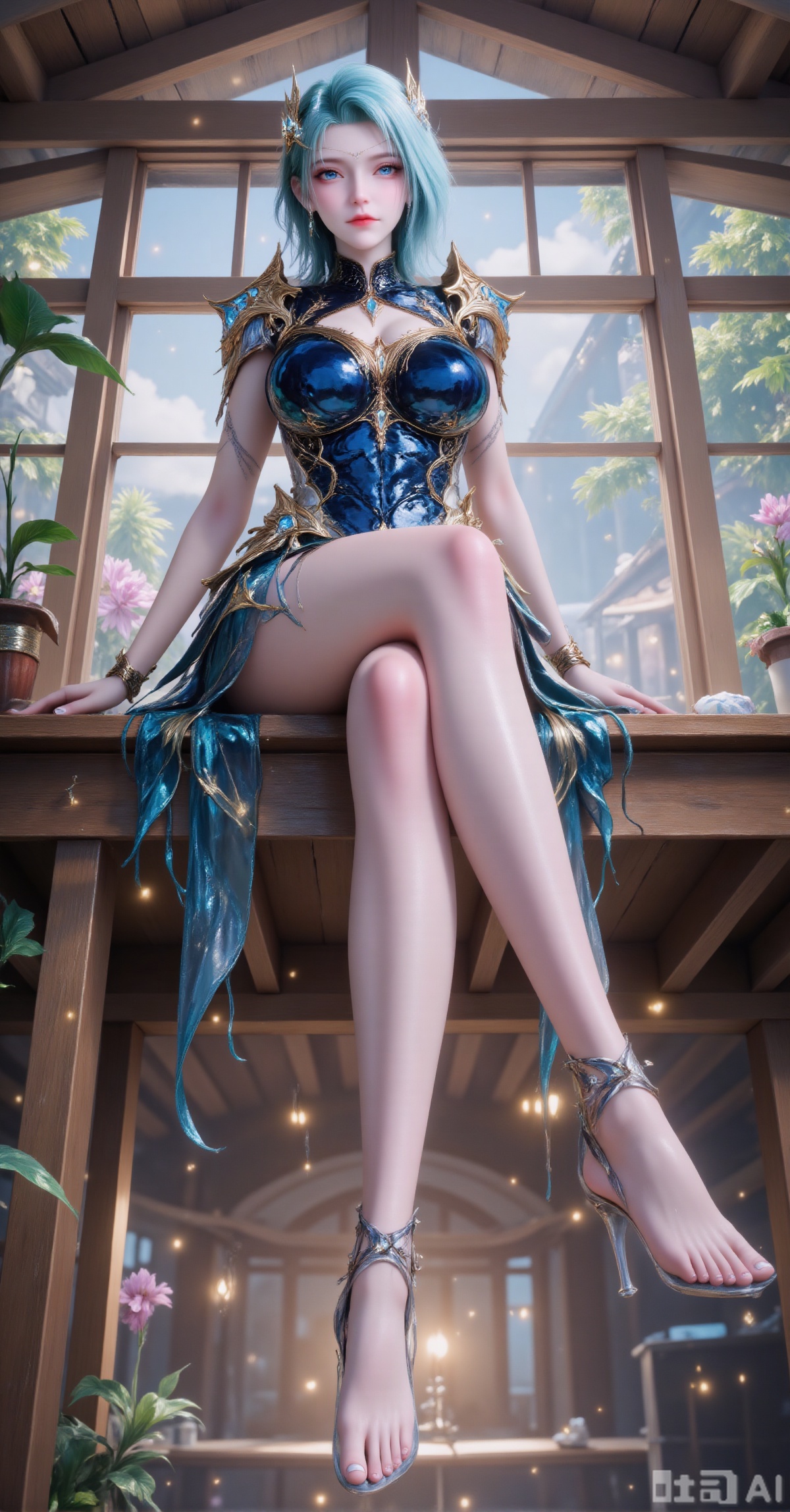 A girl with short blue hair and hair accessories, dressed in black and blue clothing, sits gracefully on a wooden platform, her bright eyes gazing directly at the viewer. Her legs are long and slender, spread apart, with the perspective extending upward from the legs. The background is a cozy indoor setting with large windows and slanted ceilings, and green trees can be seen outside the windows. Sunlight streams through the windows, casting warm golden rays and creating a soft, dreamy atmosphere. The color palette is dominated by serene blues, pure whites, and soft purples. It uses highly detailed cel-shading with subtle glow effects, and the lighting is vibrant yet gentle.