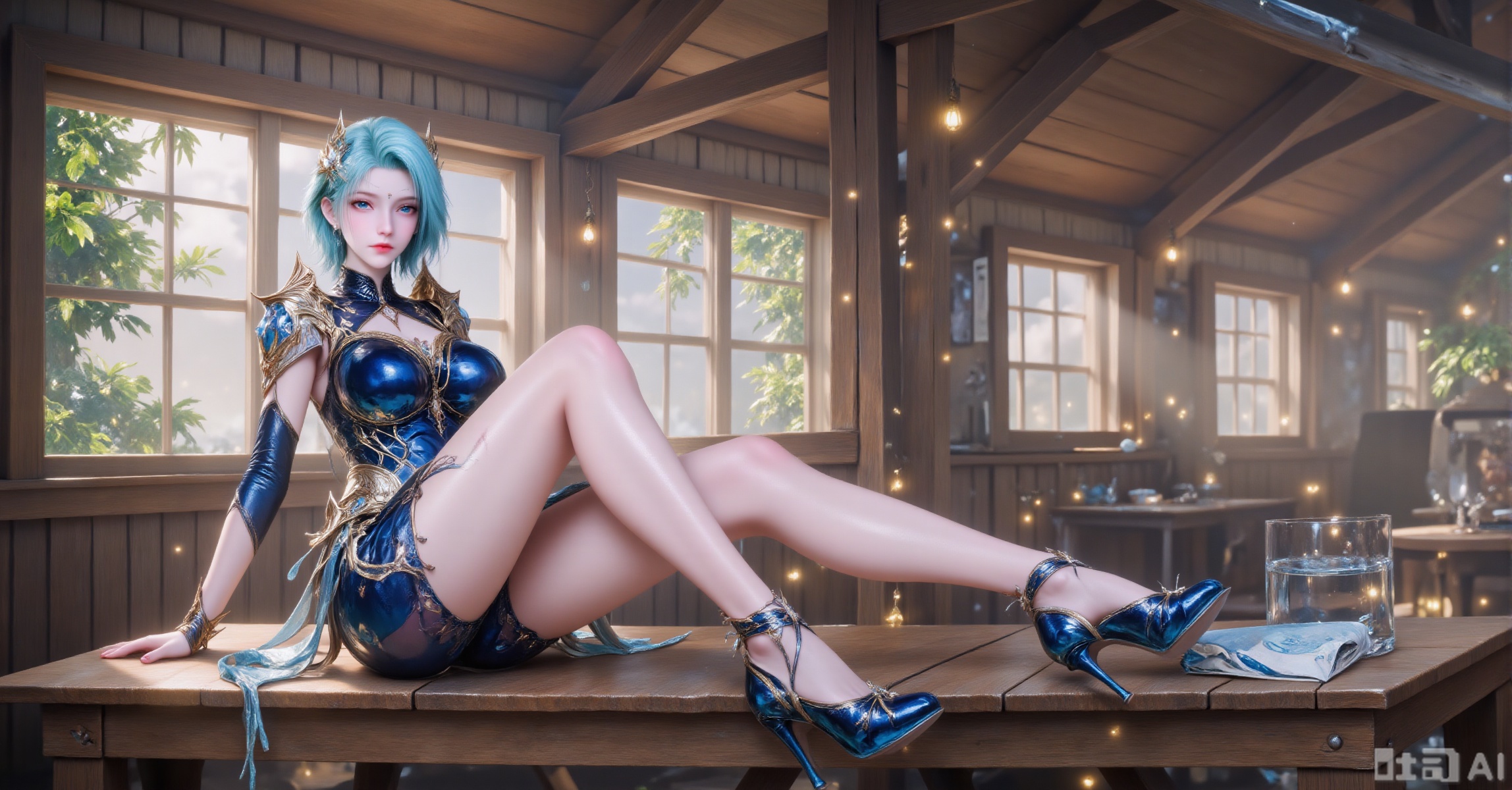 A girl with short blue hair and hair accessories, dressed in black and blue clothing, sits gracefully on a wooden platform, her bright eyes gazing directly at the viewer. Her legs are long and slender, spread apart, with the perspective extending upward from the legs. The background is a cozy indoor setting with large windows and slanted ceilings, and green trees can be seen outside the windows. Sunlight streams through the windows, casting warm golden rays and creating a soft, dreamy atmosphere. The color palette is dominated by serene blues, pure whites, and soft purples. It uses highly detailed cel-shading with subtle glow effects, and the lighting is vibrant yet gentle.