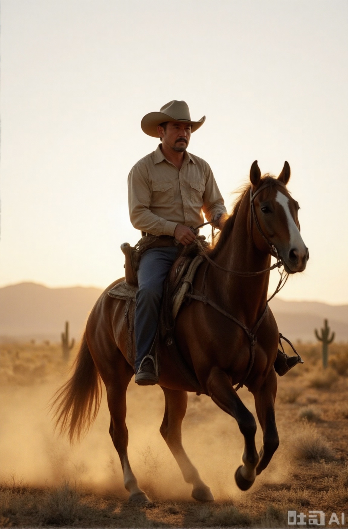 A male cowboy wearing a wide-brimmed hat rode a horse and galloped across the vast western wilderness. The sunset lengthened his silhouette, the horse's hooves raised dust, and in the distance were continuous mountains and cactus. He had a revolver on his waist, his expression was cold and free, and the whole picture was full of rough and romantic western style.