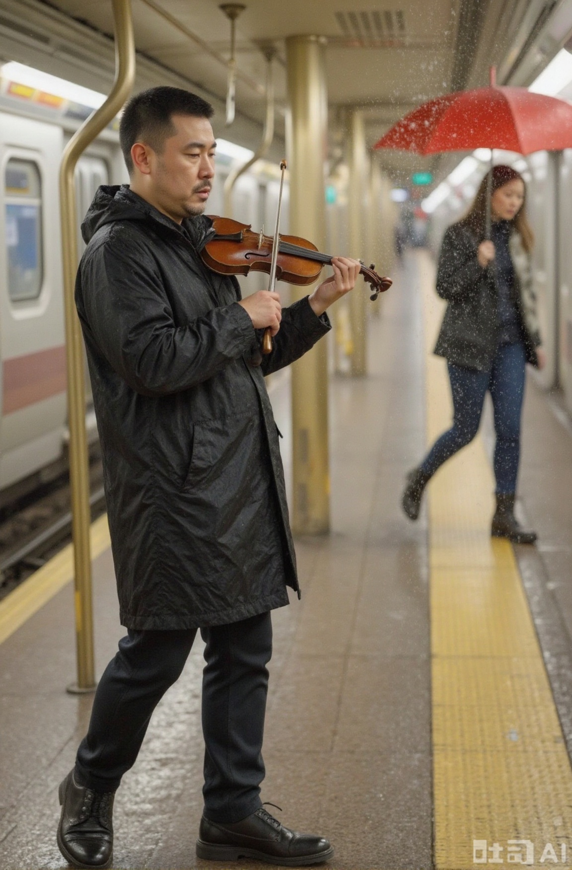 The man in a black windbreaker played "My Funny Valentine" in the subway passage, and the brass tube was condensed with water droplets. The red umbrella passing by the woman was lifted by the airflow, jazz notes intertwined with the roar of the train, and the wet wall tiles were twisted into Degas-style impressionist color blocks.