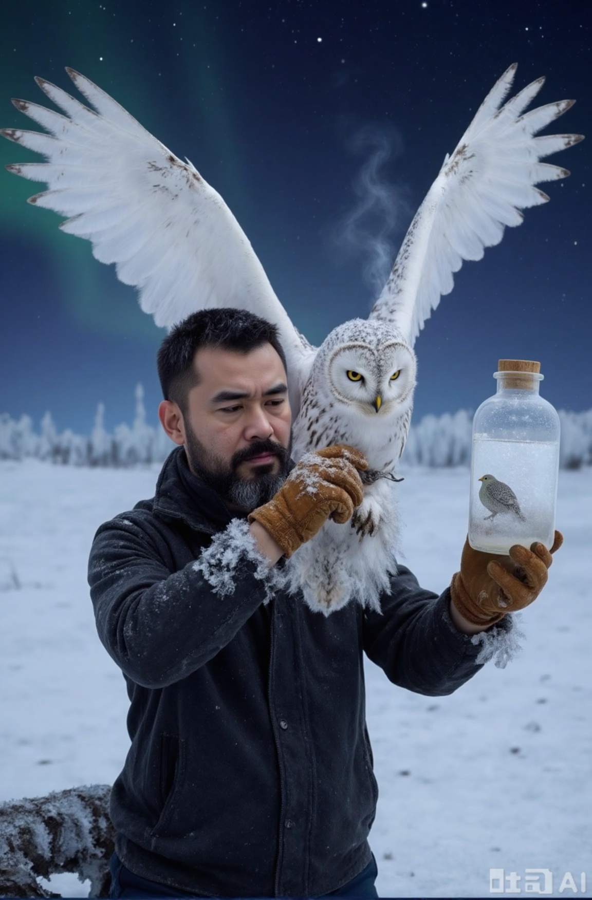 The bearded man kneeled under the northern lights to stitch the snowy owl's wings, ice crystals attached to his suede gloves. An extinct traveler pigeon floated in the preservative glass bottle, and his breath condensed into ice mist at minus thirty degrees below the age of 20, as if he was making memory specimens for the entire disappearing ecosystem.