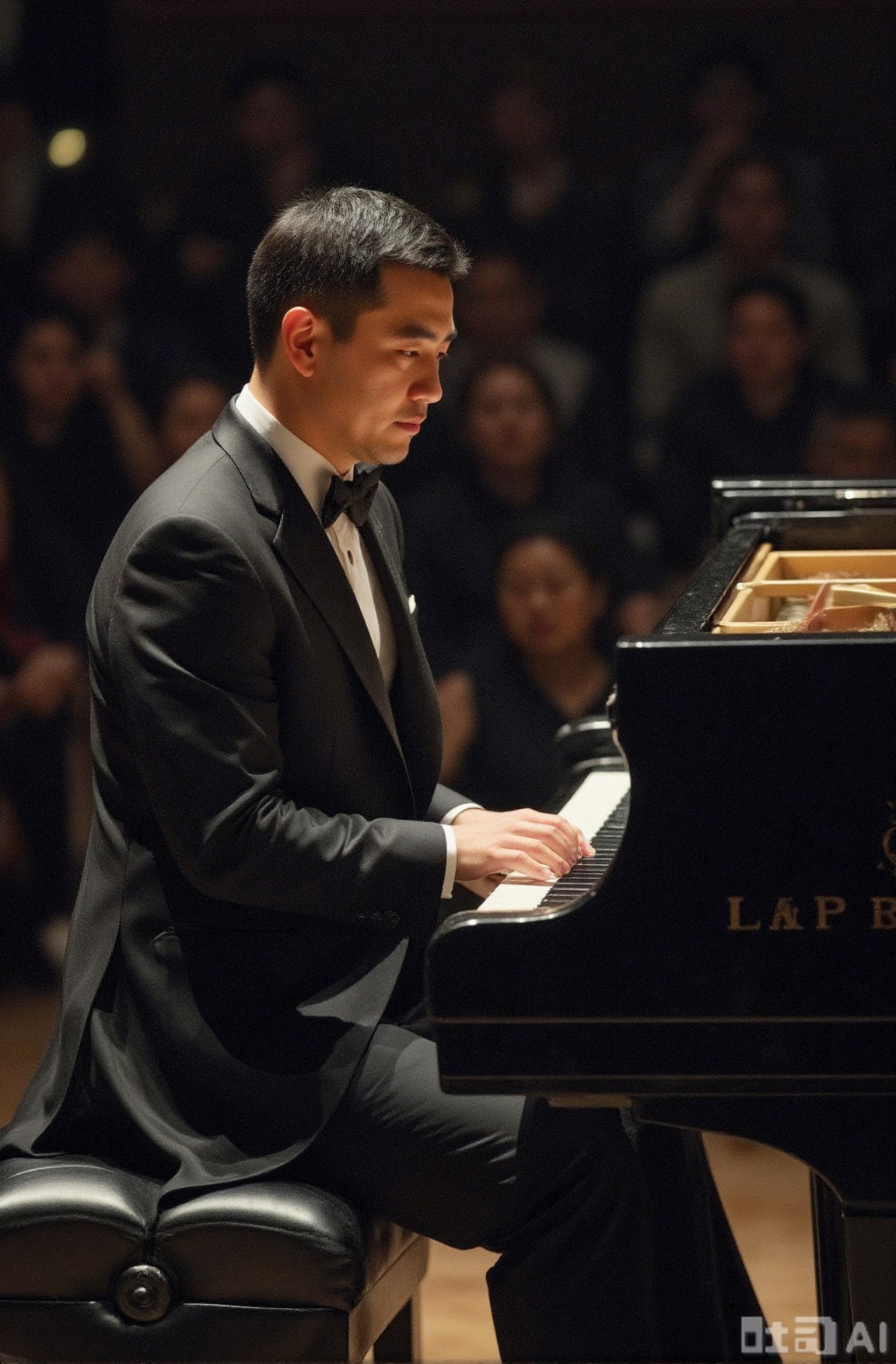 A male pianist in a black tuxedo sat in front of the grand piano, her slender fingers leaping on the keys. His expression was intoxicated and devoted, and the spotlight of the stage outlined his elegant outline. The audience was immersed in the darkness, with only a few beams of light dotted in it, as if the whole world was still in the melody, and the picture was full of art and soul resonance.