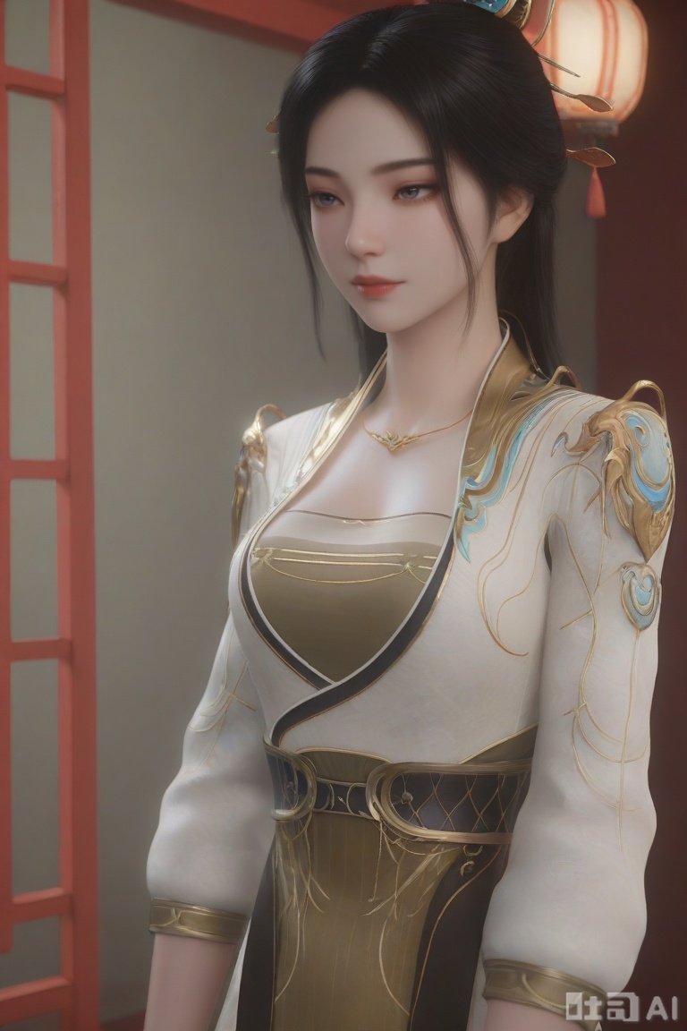 masterpiece,highres,3D,CG,3d render,realistic,1girl,solo,,dress,black eyes,chinese clothes,shiny,yaoxi,smile,