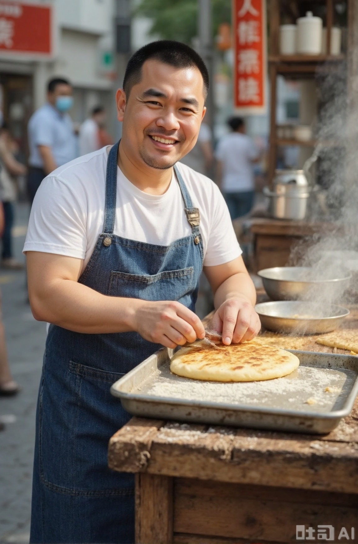 High quality, high resolution, rich details, delicate skin texture,TGYWL style manga,TGYWL, This vibrant street food scene captures a chef in white tee and denim apron skillfully kneading dough, his beaming smile radiating culinary passion. Golden flatbreads on the tray and steaming metal containers emit tantalizing aromas, while the "乐天大吉" red sign and blurred pedestrians paint a lively market atmosphere. Neatly arranged cups and potted plants on wooden shelves complete this dynamic street-side cooking tableau. Affinity Handsome