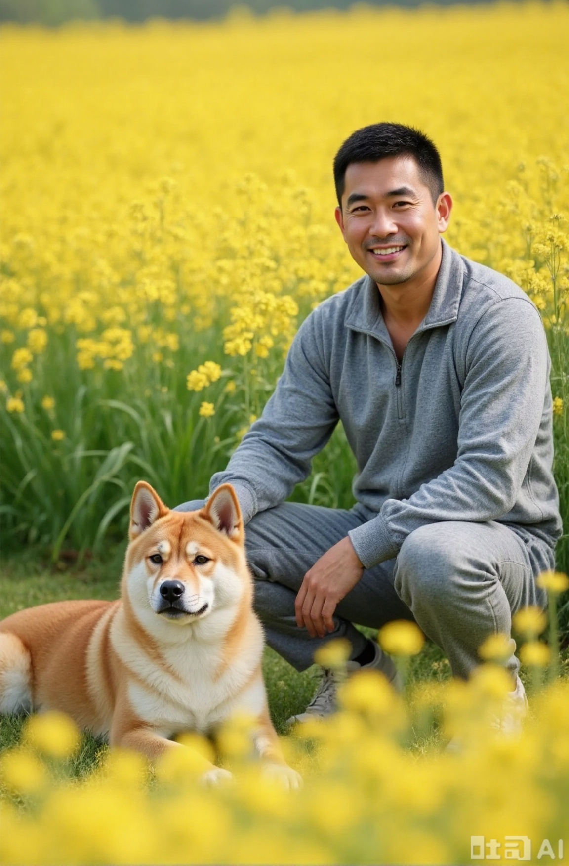 High quality, high resolution, rich details, delicate skin texture,TGYWL style manga,TGYWL, This springtime portrait captures a heartwarming moment between man and pet. A smiling man in gray sportswear kneels amidst golden rapeseed flowers, his folded hands resting on his knees. The shiba inu beside him lies peacefully, its erect ears and gentle gaze reflecting affection. The blooming flowers create a golden backdrop that sways gently in the breeze, their vibrant yellow harmonizing with the dog's reddish-white fur. Sunlight filters through the blossoms, casting dappled light that enhances the scene's tender atmosphere - a beautiful testament to the simple joys shared between humans, animals, and nature.Sunshine Handsome (Combining Health, Vitality, and Natural Charm)