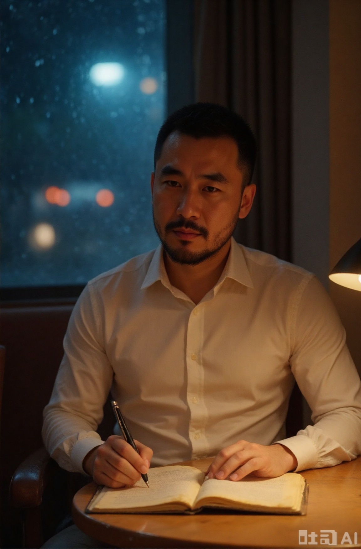 A young man with stubble sat in the corner of a late-night cafe, with a pen hanging from a yellowed notebook, and the ink blew into unfinished poems. Neon lights flashed outside the window, raindrops made hazy light marks on the glass, his side face was plated with amber by a warm desk lamp, and his eyes wandered at the boundary between reality and fantasy.