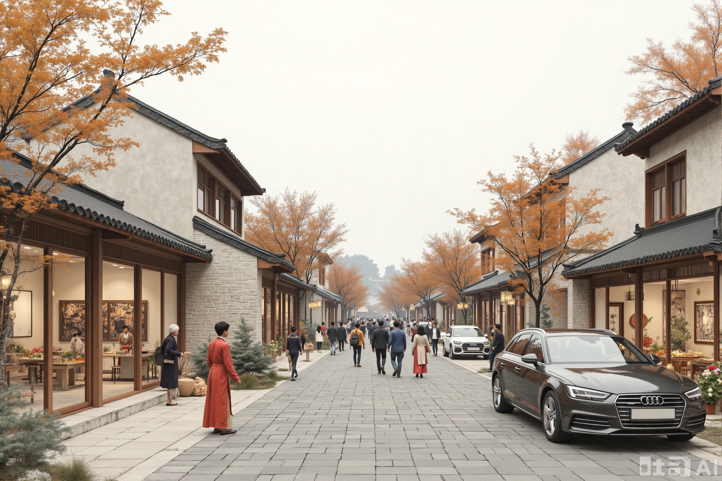 landscape jam, traditional Chinese ancient street, traditional Chinese architecture, commercial street, ancient street, there are many people wearing Hanfu on the street, parked on the roadside are one or two Audis.