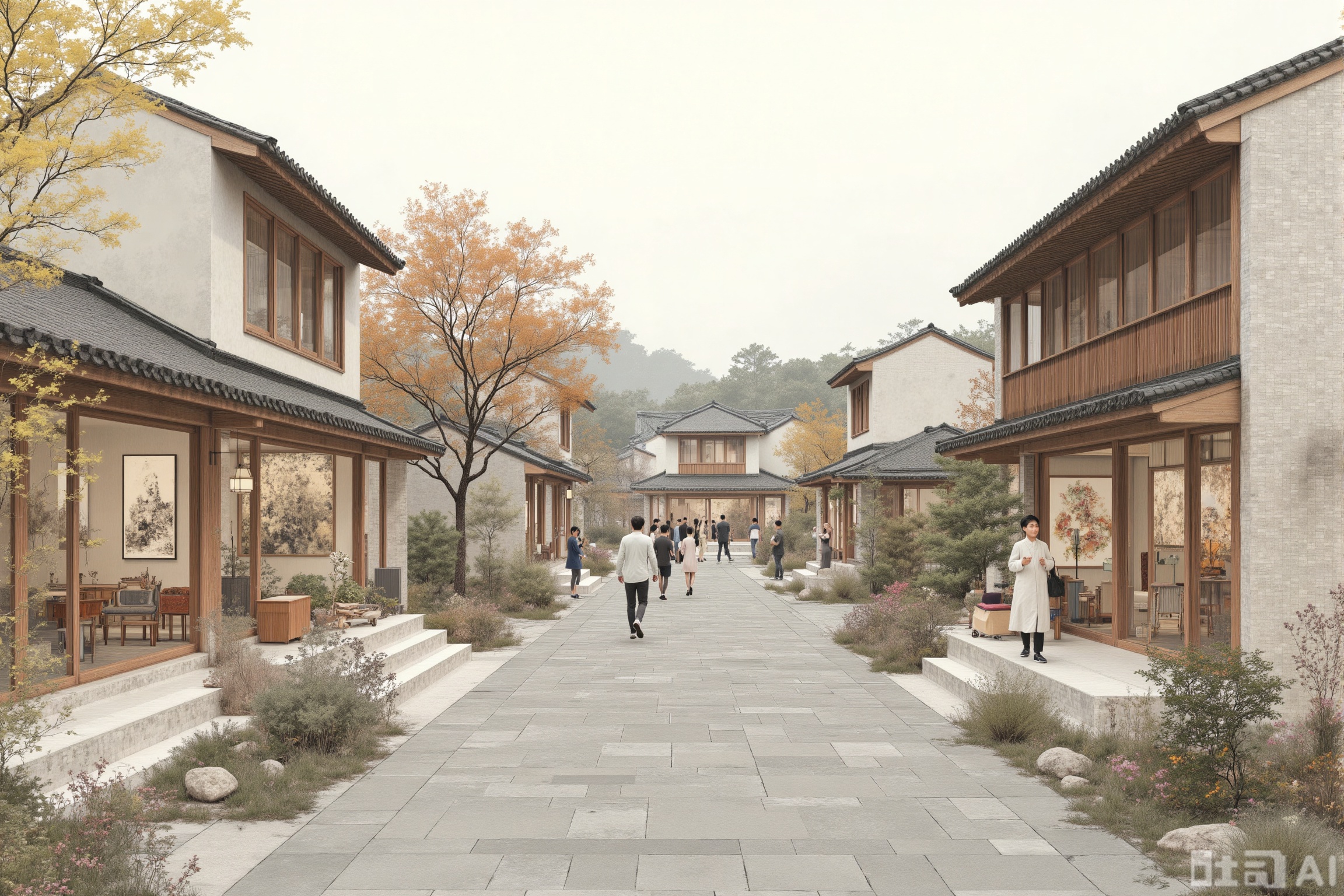 landscapejam,gujie,A serene, digitally-rendered street scene in a traditional chinese village. The composition features a wide, stone-paved path flanked by wooden buildings on both sides. The buildings display traditional Japanese architecture with wooden facades and shoji screens. Two people, one walking and the other standing, are dressed in modern casual clothing. The background includes autumnal trees with yellow leaves, adding a touch of seasonal color. The lighting is soft and diffused, suggesting an overcast day. The overall aesthetic is realistic with a slight touch of stylization, emphasizing the tranquil and picturesque nature of the scene.