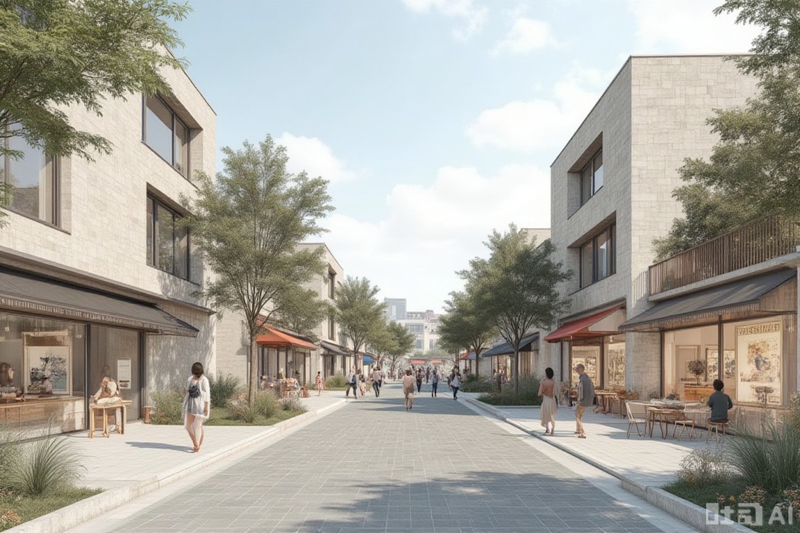 landscapejam,gujie,A serene, digitally-rendered street scene in a modern commercial street. 
