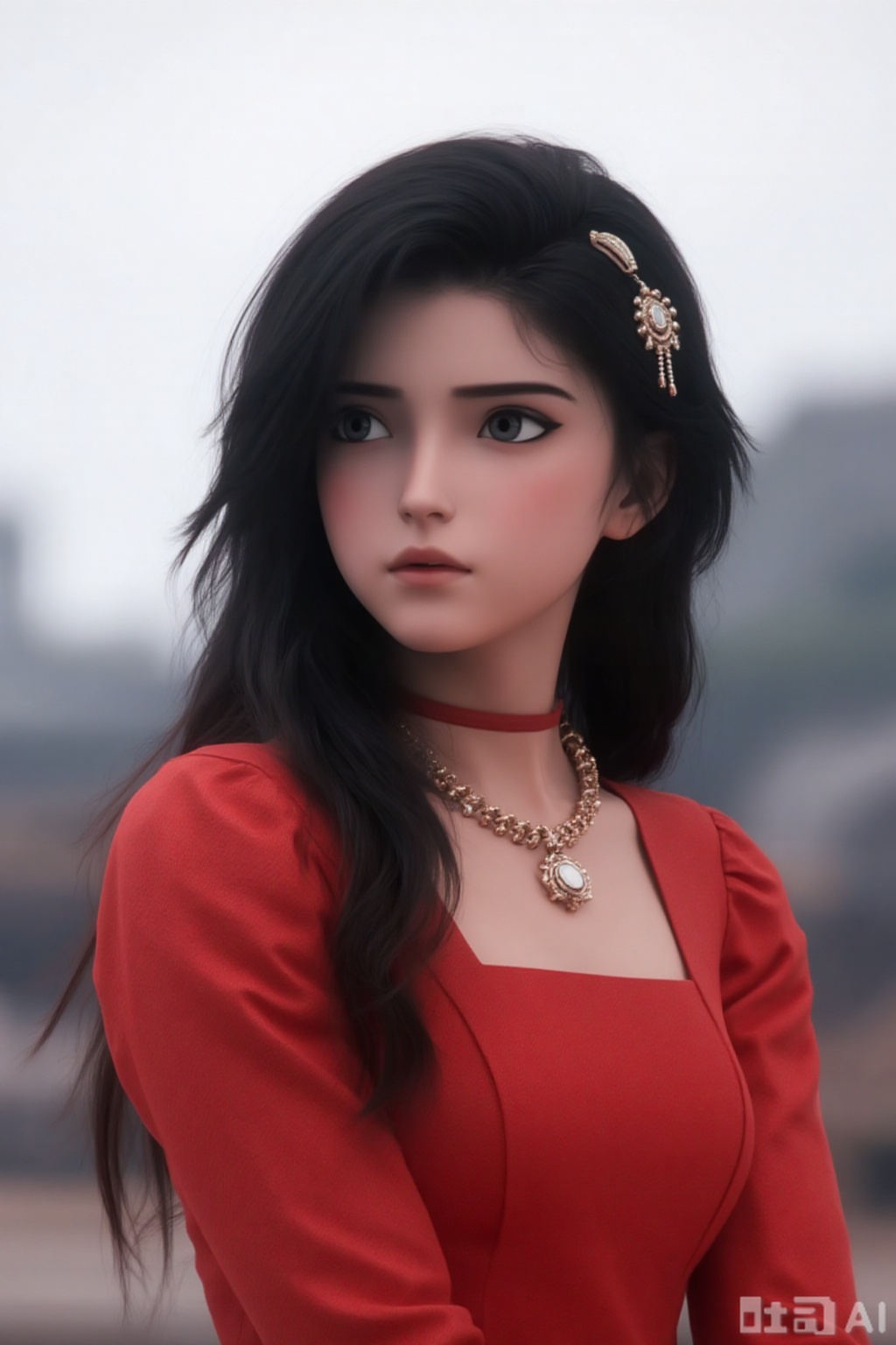 1girl, solo, long_hair, black_hair, hair_ornament, dress, jewelry, closed_mouth, upper_body, necklace, blurry, looking_to_the_side, blurry_background, expressionless, red_dress, portrait, realistic