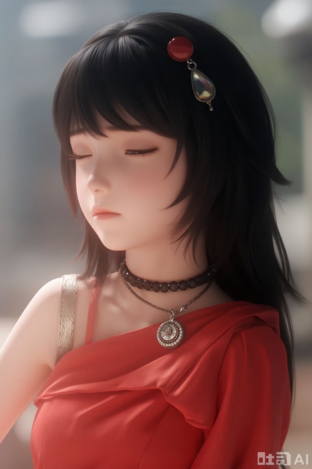 1girl, solo, long_hair, black_hair, hair_ornament, dress, jewelry, closed_mouth, upper_body, necklace, blurry, looking_to_the_side, blurry_background, expressionless, red_dress, portrait, realistic