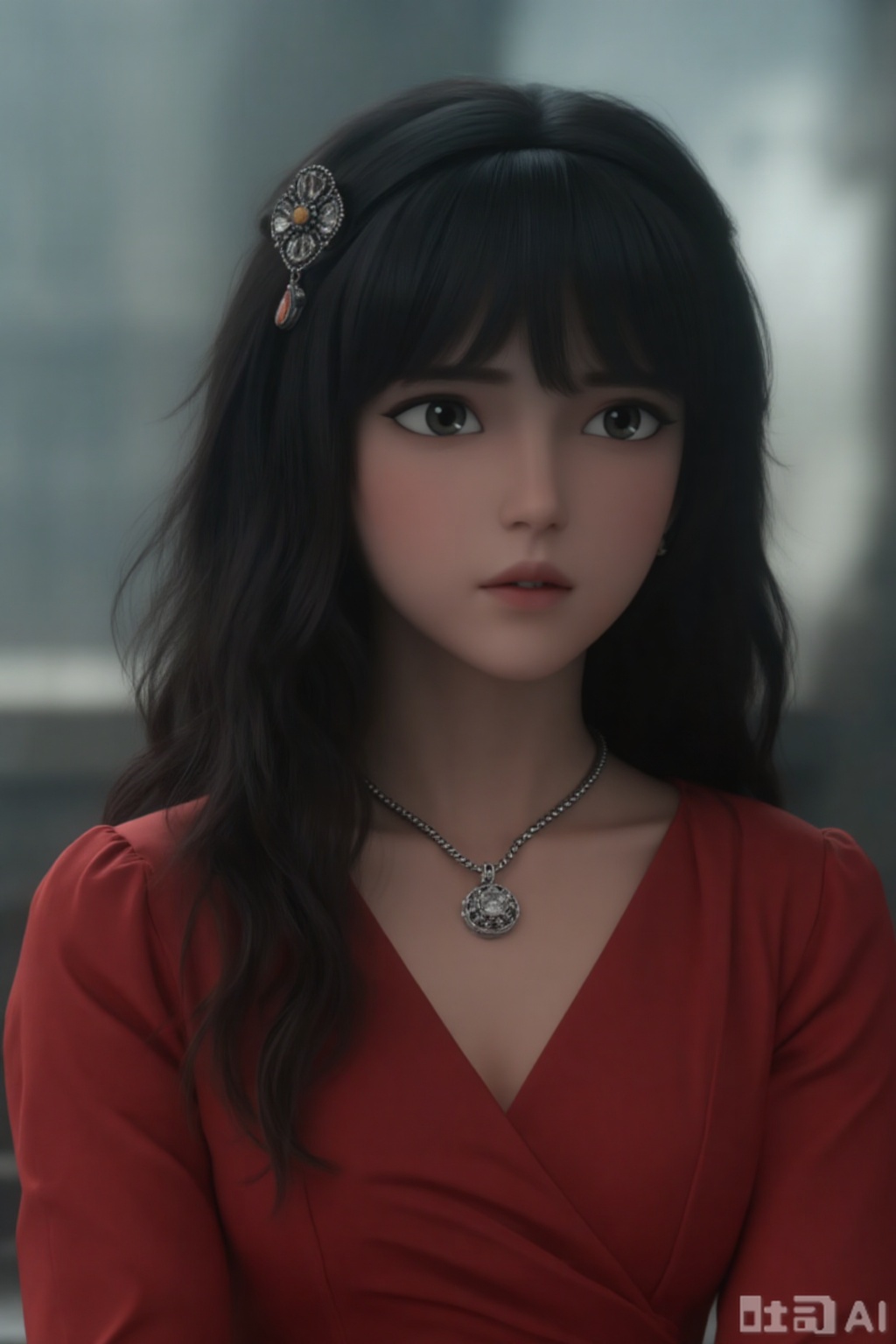 1girl, solo, long_hair, black_hair, hair_ornament, dress, jewelry, closed_mouth, upper_body, necklace, blurry, looking_to_the_side, blurry_background, expressionless, red_dress, portrait, realistic