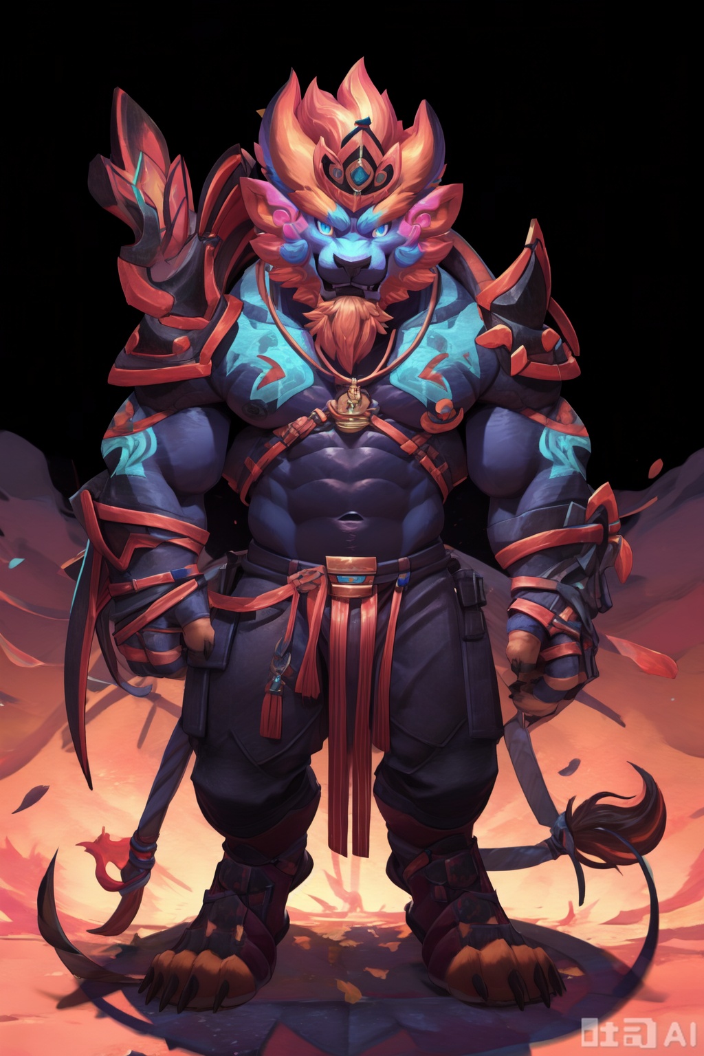 solo, long hair, looking at viewer, blue eyes, brown hair, 1boy, animal ears, jewelry, male focus, armor, muscular, feet out of frame, abs, crown, pectorals, muscular male, shoulder armor, bara, furry, pauldrons, furry male, bare pectorals, lion ears, lion boy,Rengar\(league of legends\),lion boy