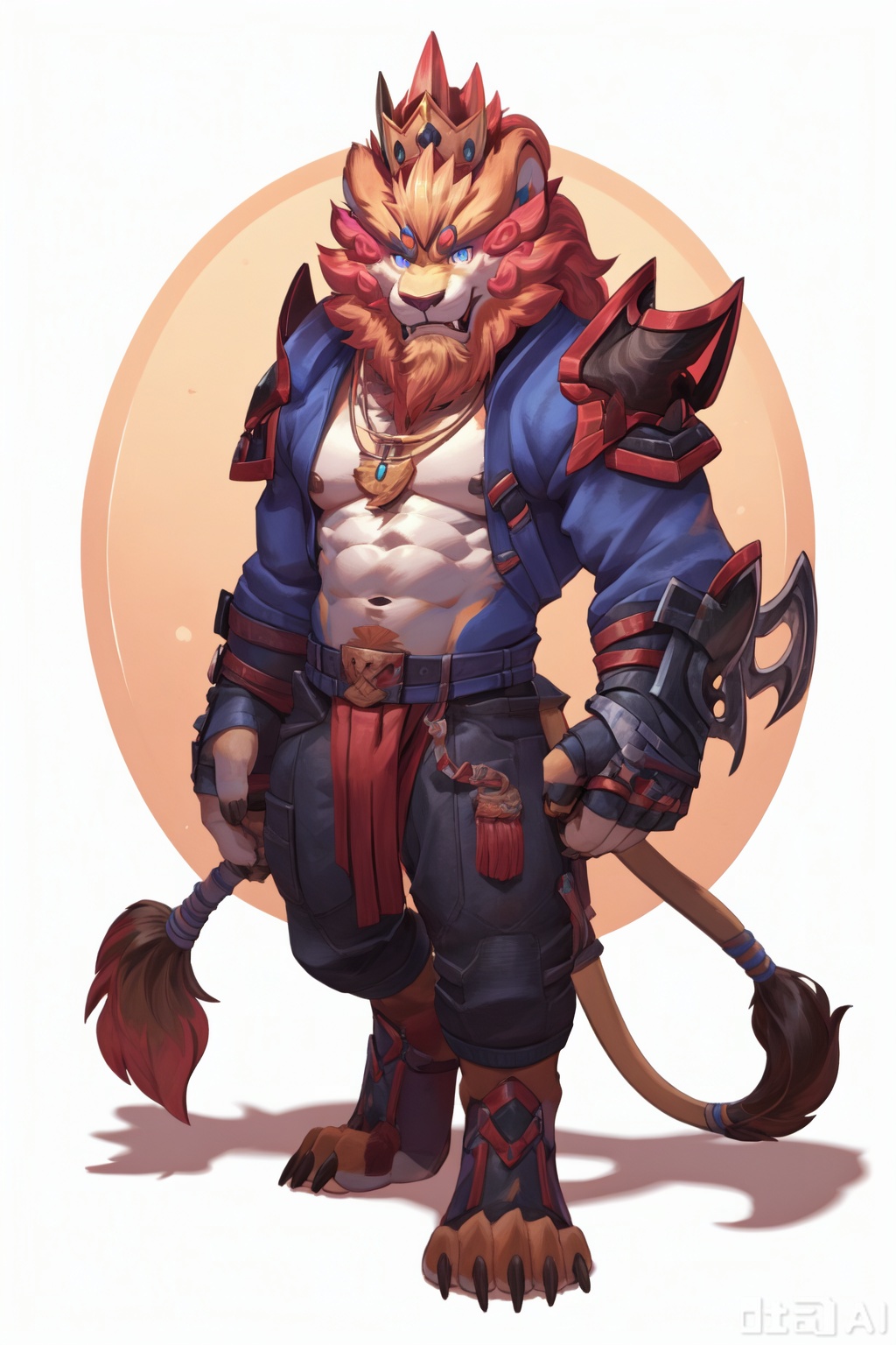 solo, long hair, looking at viewer, blue eyes, brown hair, 1boy, animal ears, jewelry, male focus, armor, muscular, feet out of frame, abs, crown, pectorals, muscular male, shoulder armor, bara, furry, pauldrons, furry male, bare pectorals, lion ears, lion boy,Rengar\(league of legends\),lion boy