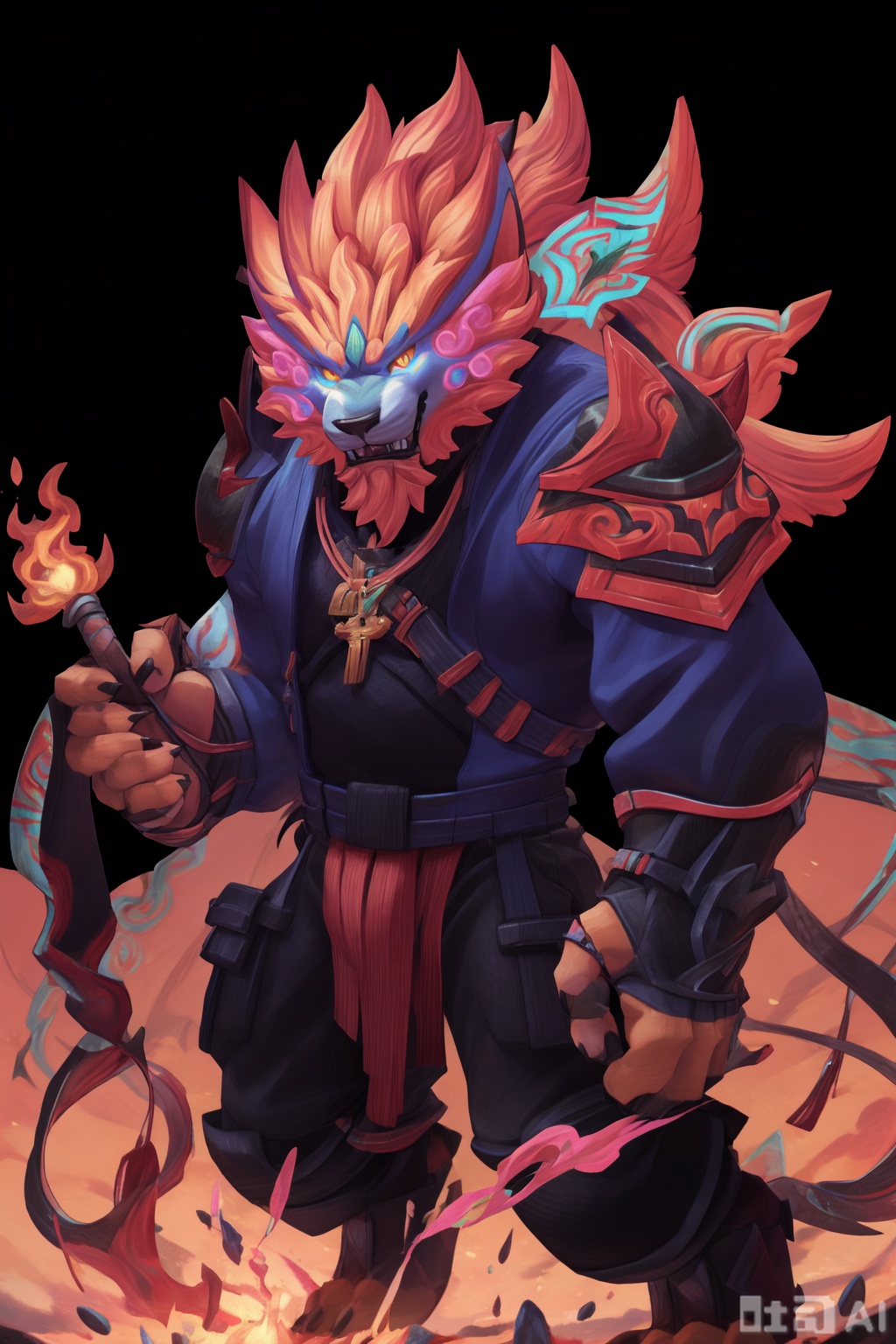 The image depicts a fantasy character with a wolf-like appearance, adorned in ornate golden armor and a regal headdress. The character has long, flowing hair and a muscular build, exuding a sense of strength and authority. The background features a celestial motif with swirling clouds and a radiant, golden sun, creating a mystical and otherworldly atmosphere. The character's attire includes intricate patterns and designs, with a blue and gold sash around the waist, adding to the regal and majestic aura. The overall scene is rich in detail and evokes a sense of ancient power and divine presence.Rengar\(league of legends\),lion boy