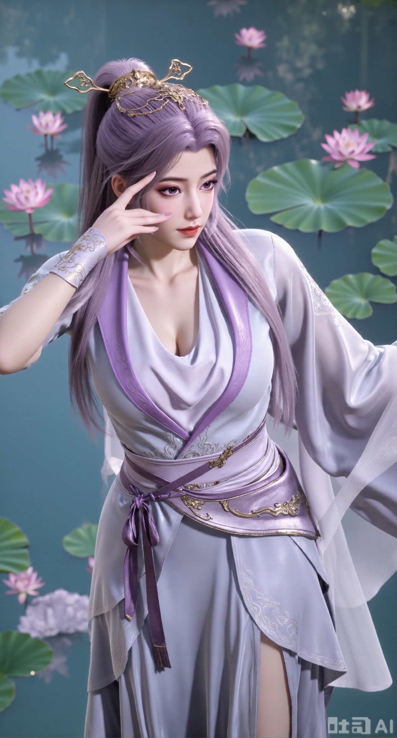 (masterpiece, best quality:1.2),1girl, navel, solo, midriff, bare shoulders, hair ornament,(long hair),(High double ponytail:1.49), red lips, BREAK, (looking at viewer:1.39), chinese clothes,(Holographic purple dress:1.36), (lace,Rainbow Gradient Color:1.28), BREAK,blurry, solo focus, long hair, lips, daytime, lipstick, outdoors, standing,upper body,(huge breasts:2.89), background, solo, makeup,(Stockings, high heels:1.29),(huge breasts:2.99),(full breasts:2.99),,(Background with lotus pond and pink lotus flowers:1.39),,Xbaozhiyinhuaqun,Xlonger,Xxiaoli,Xtangheziqun,Xyunyunshouban,XgangshouCOS,Xgangshou,XQueenMedusa,XyunxiaoYH3,XmengkeerX3,XMkeerX3