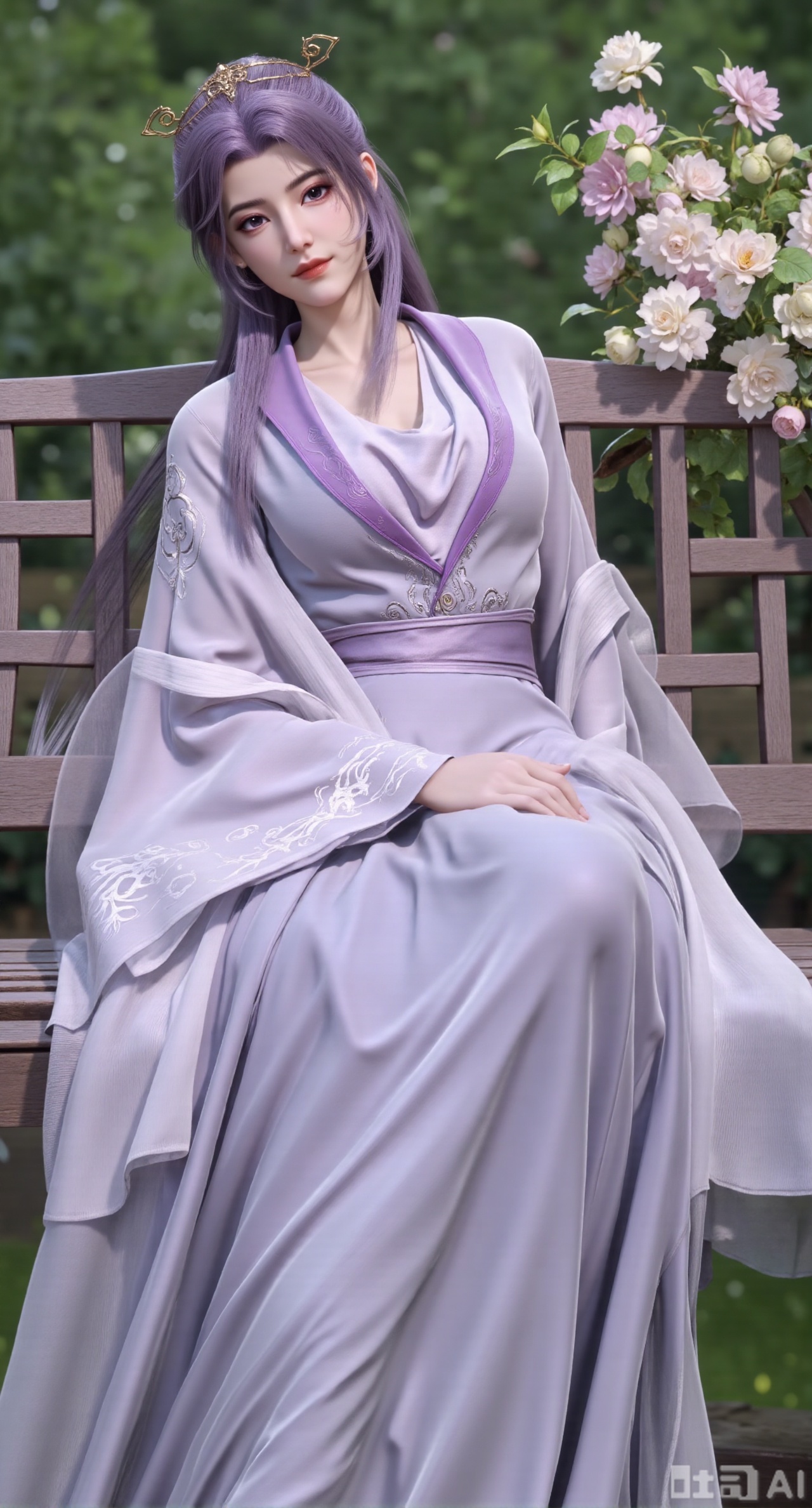 (masterpiece, best quality:1.2),A beauty ,(light purple long dress). Leaning on a garden bench filled with macaron - colored flowers,.Sunlight filters through the leaves onto her face, creating a lazy and gentle atmosphere, and her skirt sways softly in the breeze. 8K resolution, detailed texture of knitted fabric, lustrous pearl texture, vivid flower colors, soft natural light, Instagram - style filter texture.,(huge breasts:2.99),(full breasts:2.99),Xbaozhiyinhuaqun,Xlonger,Xxiaoli,Xtangheziqun,Xyunyunshouban,XgangshouCOS,Xgangshou,XQueenMedusa,XyunxiaoYH3,XmengkeerX3,XMkeerX3