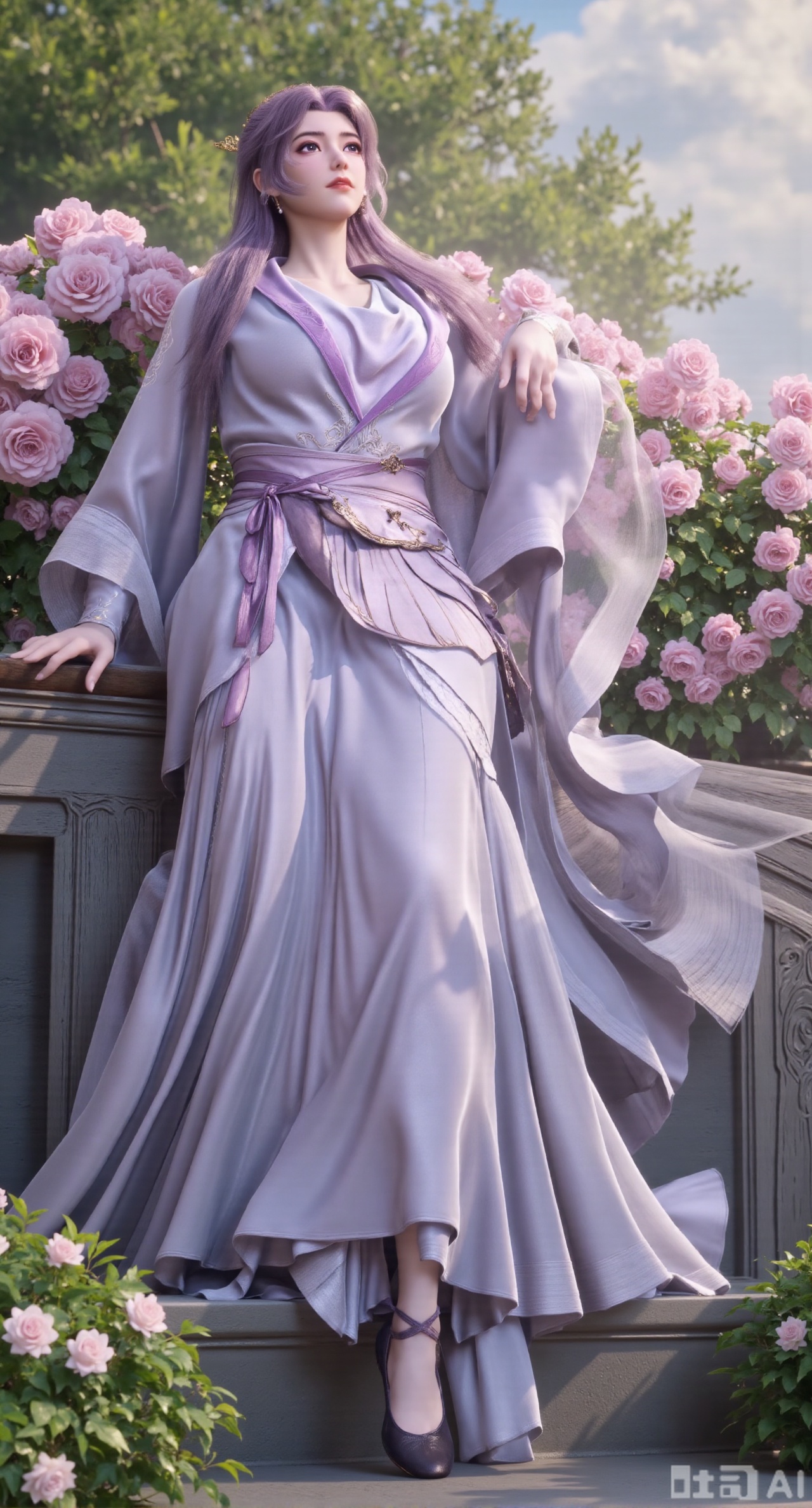 (masterpiece, best quality:1.2),A beauty ,(light purple long dress). black Stockings, high heels,, paired with a sheer knitted cardigan and Mary Jane shoes. Leaning on a garden bench filled with macaron - colored flowers,.Sunlight filters through the leaves onto her face, creating a lazy and gentle atmosphere, and her skirt sways softly in the breeze. 8K resolution, detailed texture of knitted fabric, lustrous pearl texture, vivid flower colors, soft natural light, Instagram - style filter texture.,(huge breasts:2.99),(full breasts:2.99),Xbaozhiyinhuaqun,Xlonger,Xxiaoli,Xtangheziqun,Xyunyunshouban,XgangshouCOS,Xgangshou,XQueenMedusa,XyunxiaoYH3,XmengkeerX3,XMkeerX3
